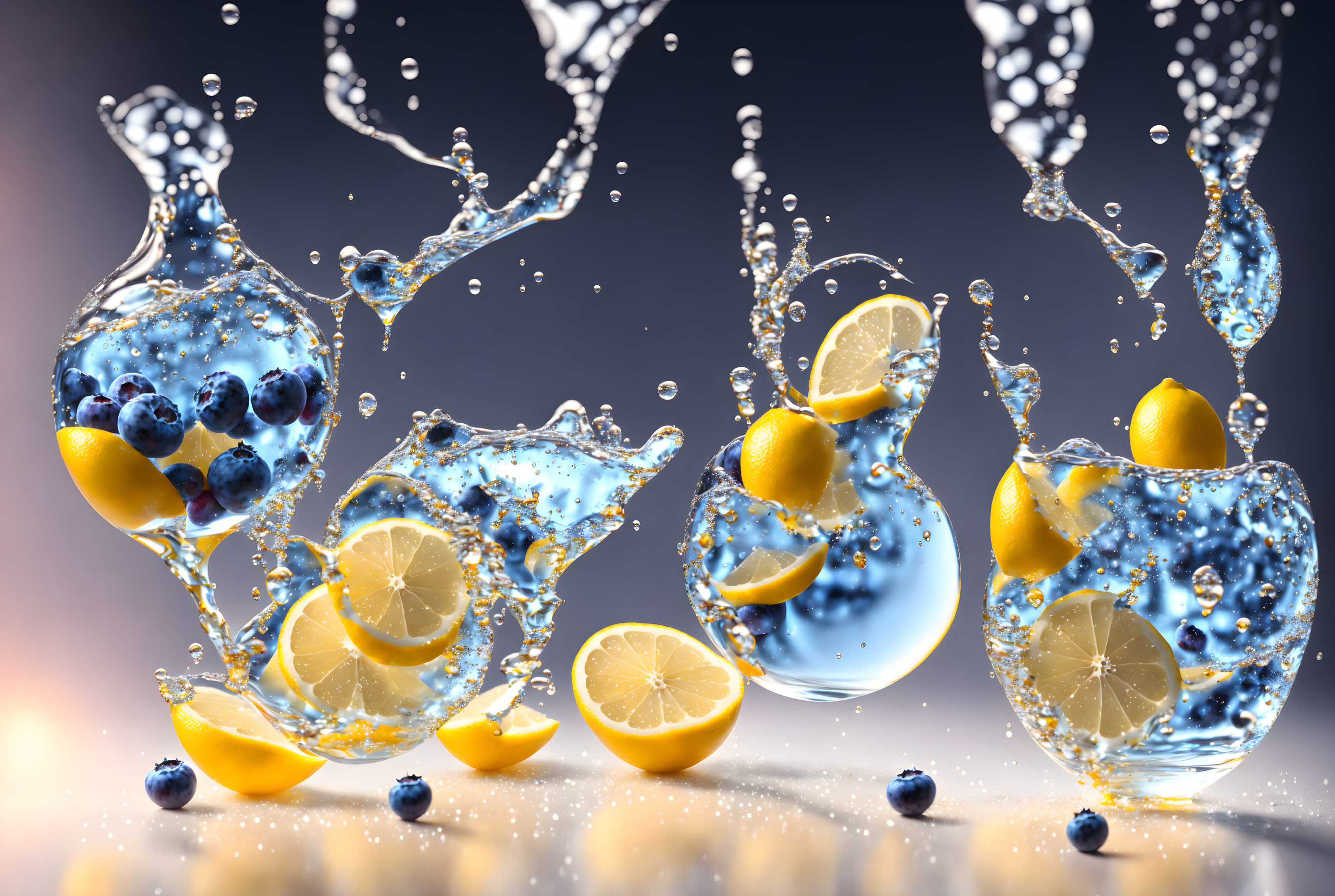 Clear glasses with water splashes, lemons, and blueberries on gradient backdrop