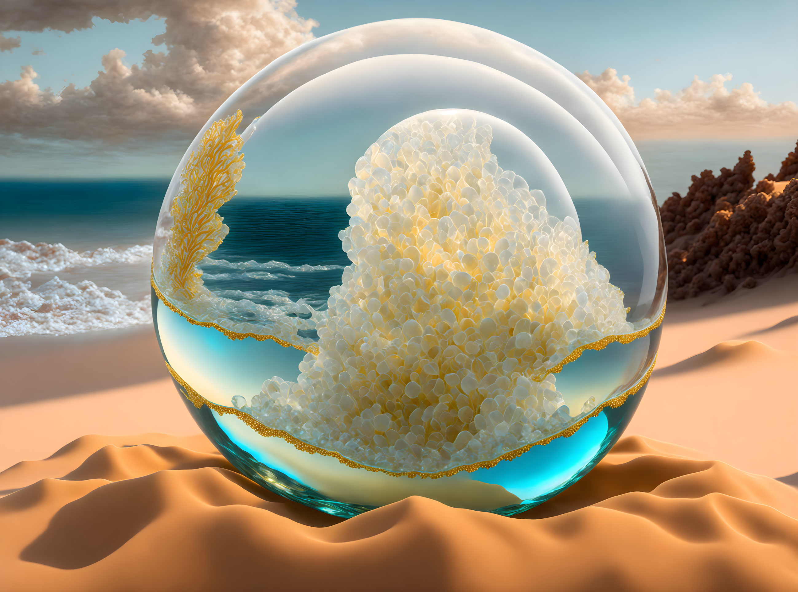 Intricate fractal patterns in transparent sphere on desert sand with sea and sky.