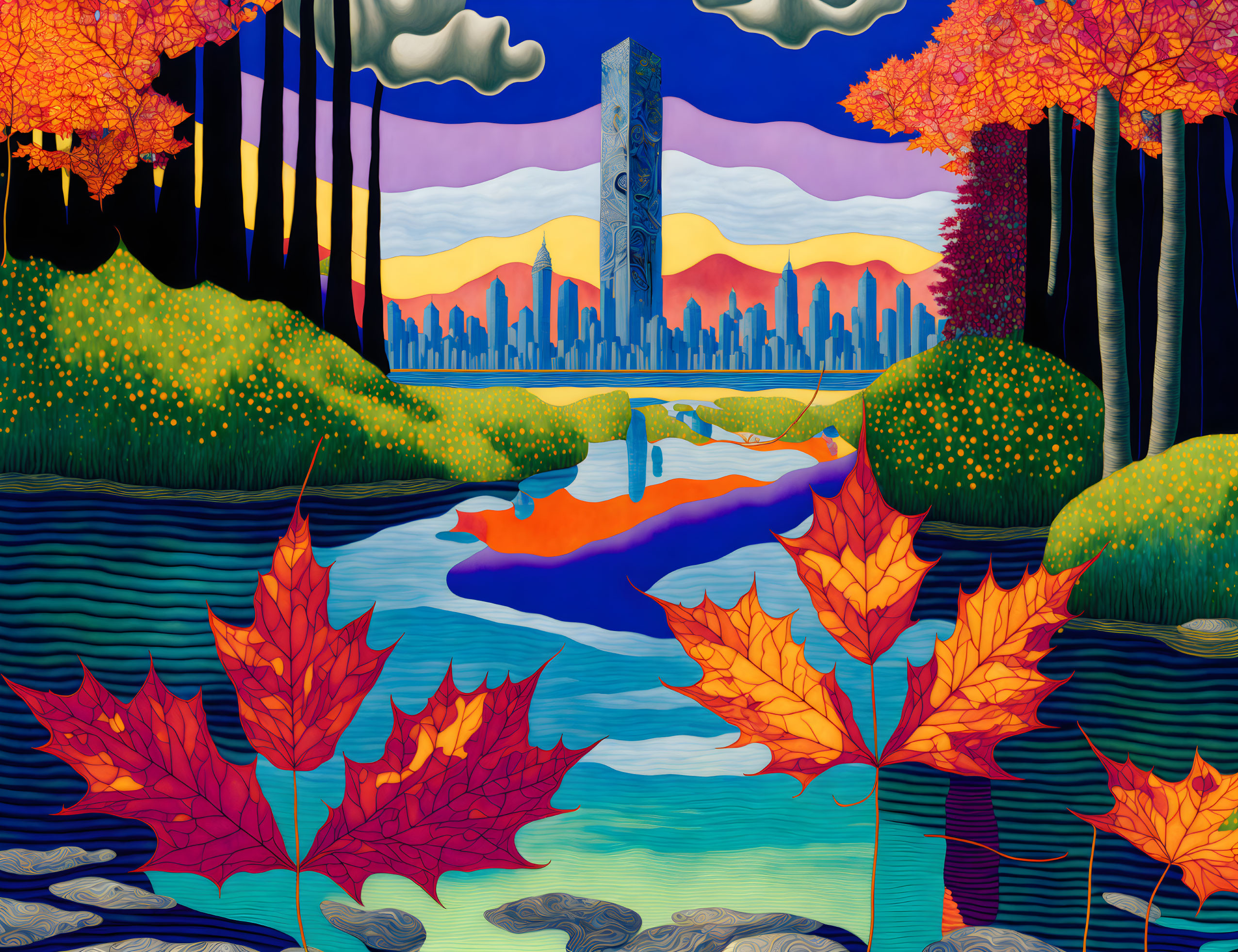 Vividly colored autumn landscape with reflective lake and city silhouette