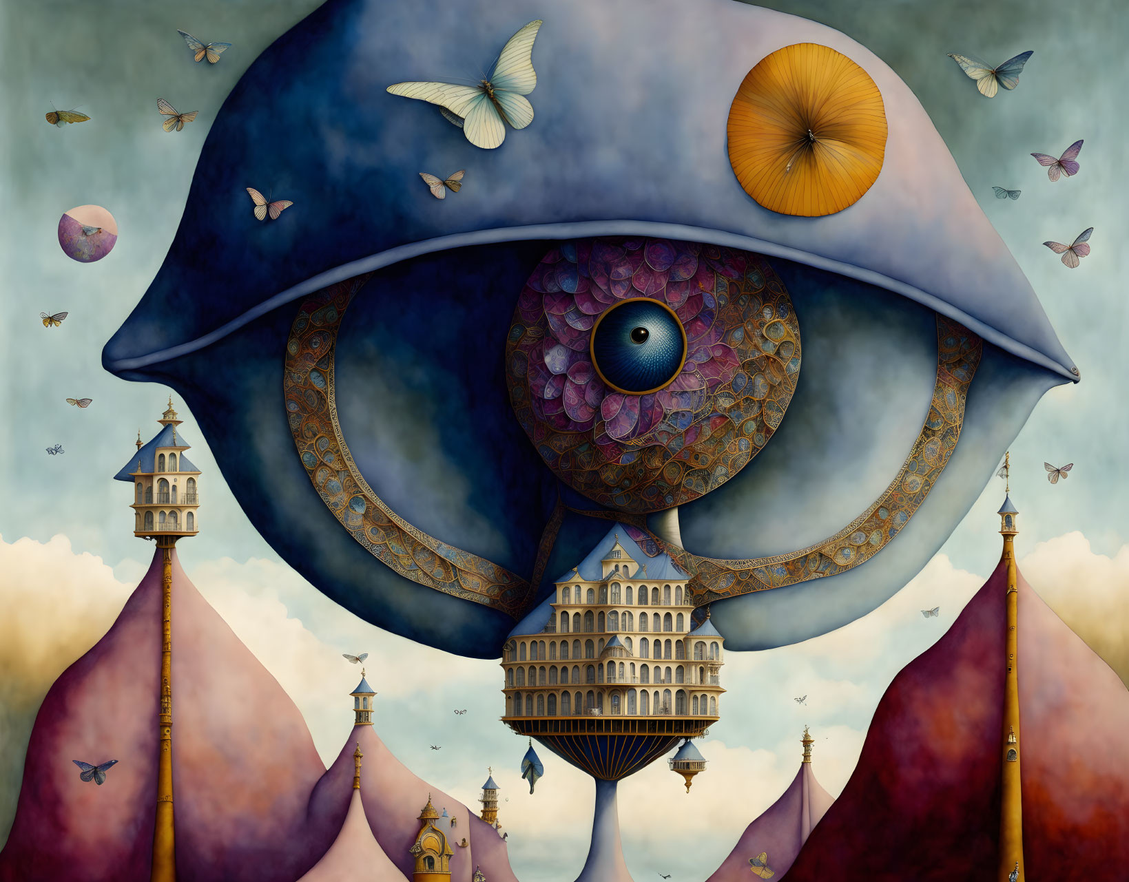 Surreal landscape with giant eye-shaped structure above whimsical mountains