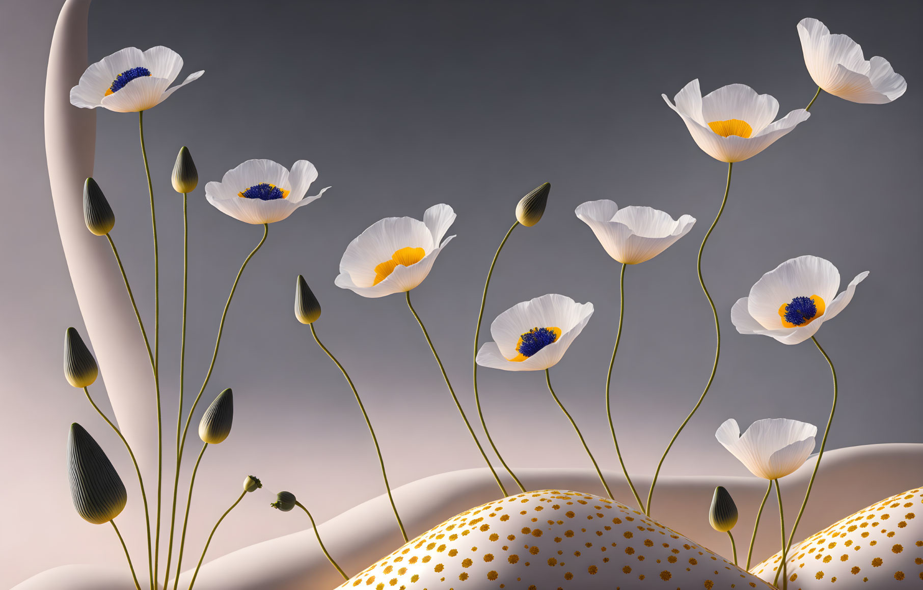 Stylized digital artwork: White poppies with golden centers on thin stems against a gray background