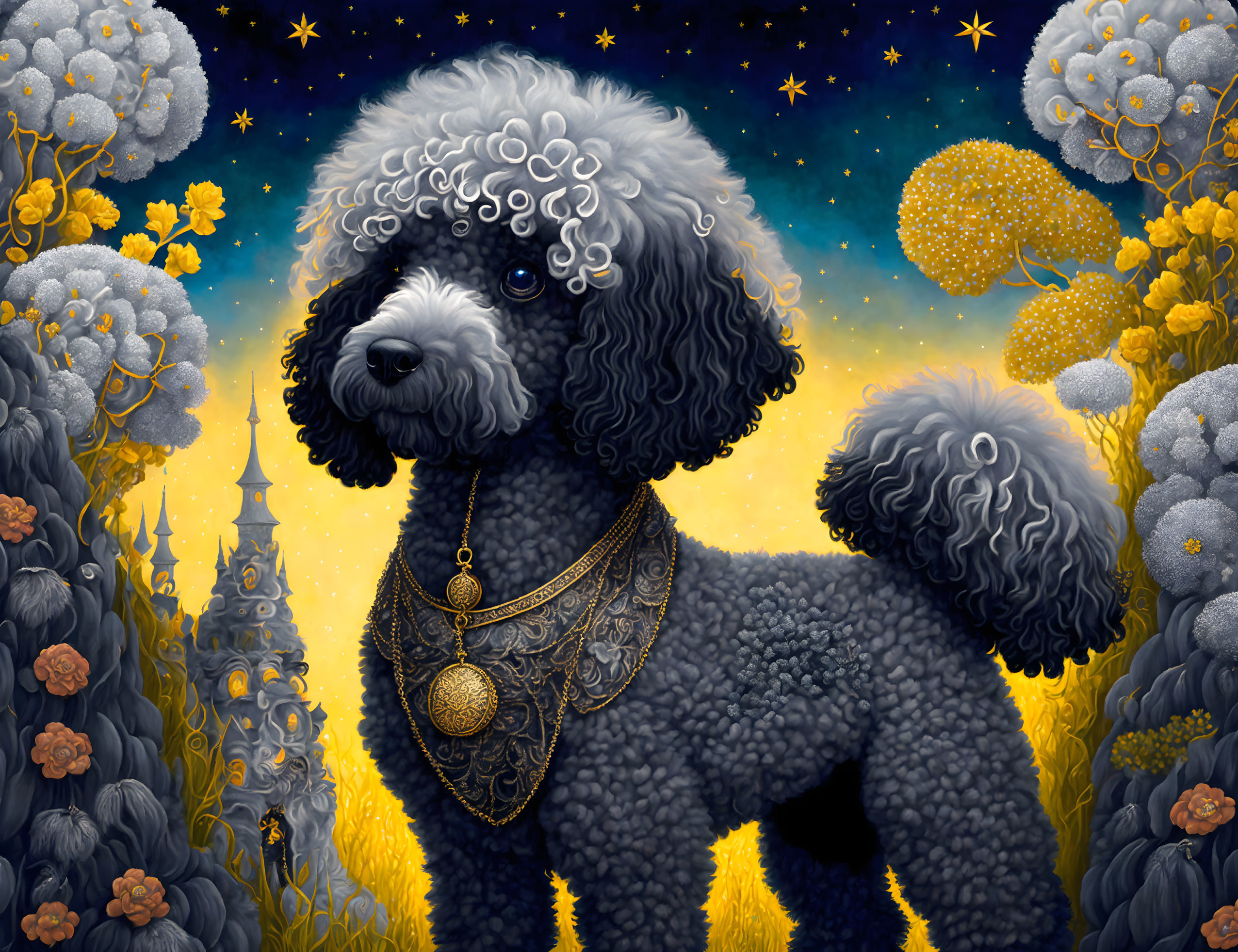 Illustration of black poodle with golden collar in flower field under starry sky.