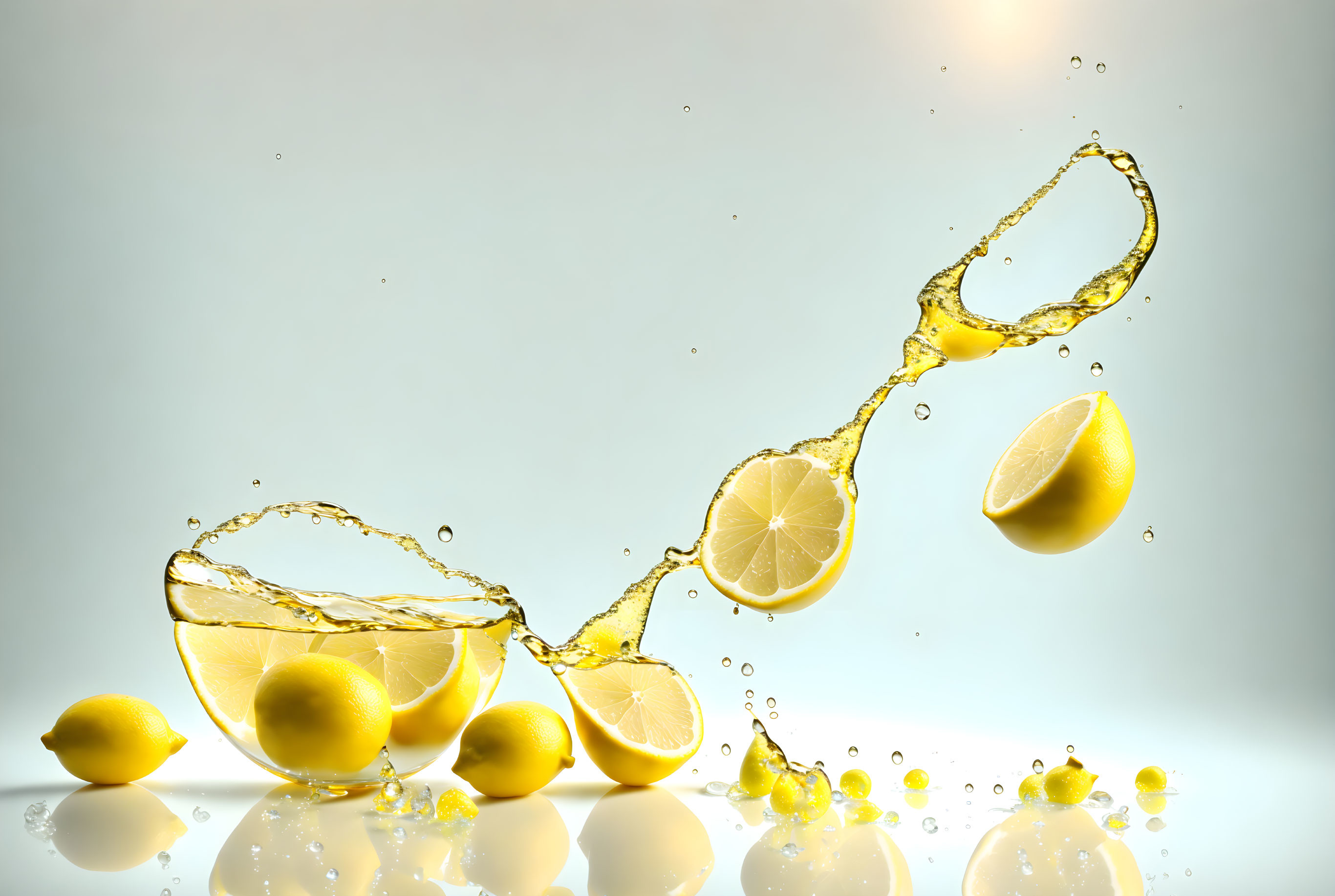 Vibrant lemons mid-air with splashing juice on gradient background