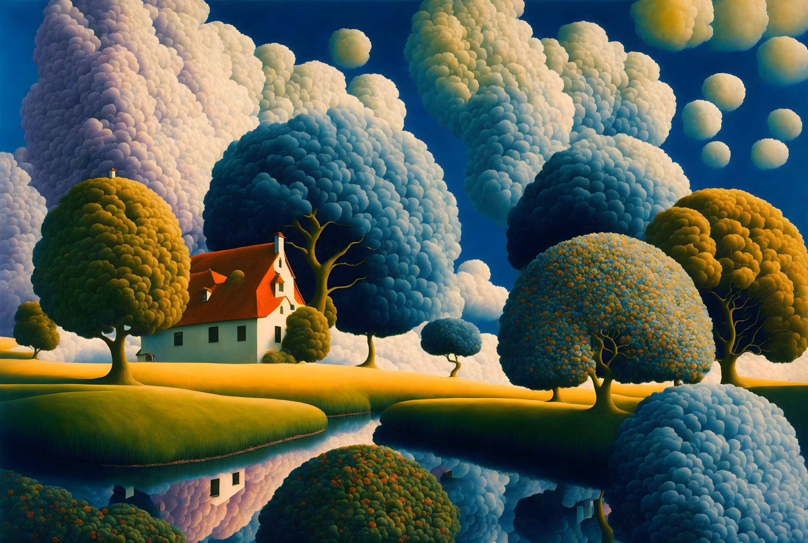 Surrealist landscape with house, stylized trees, and reflective water