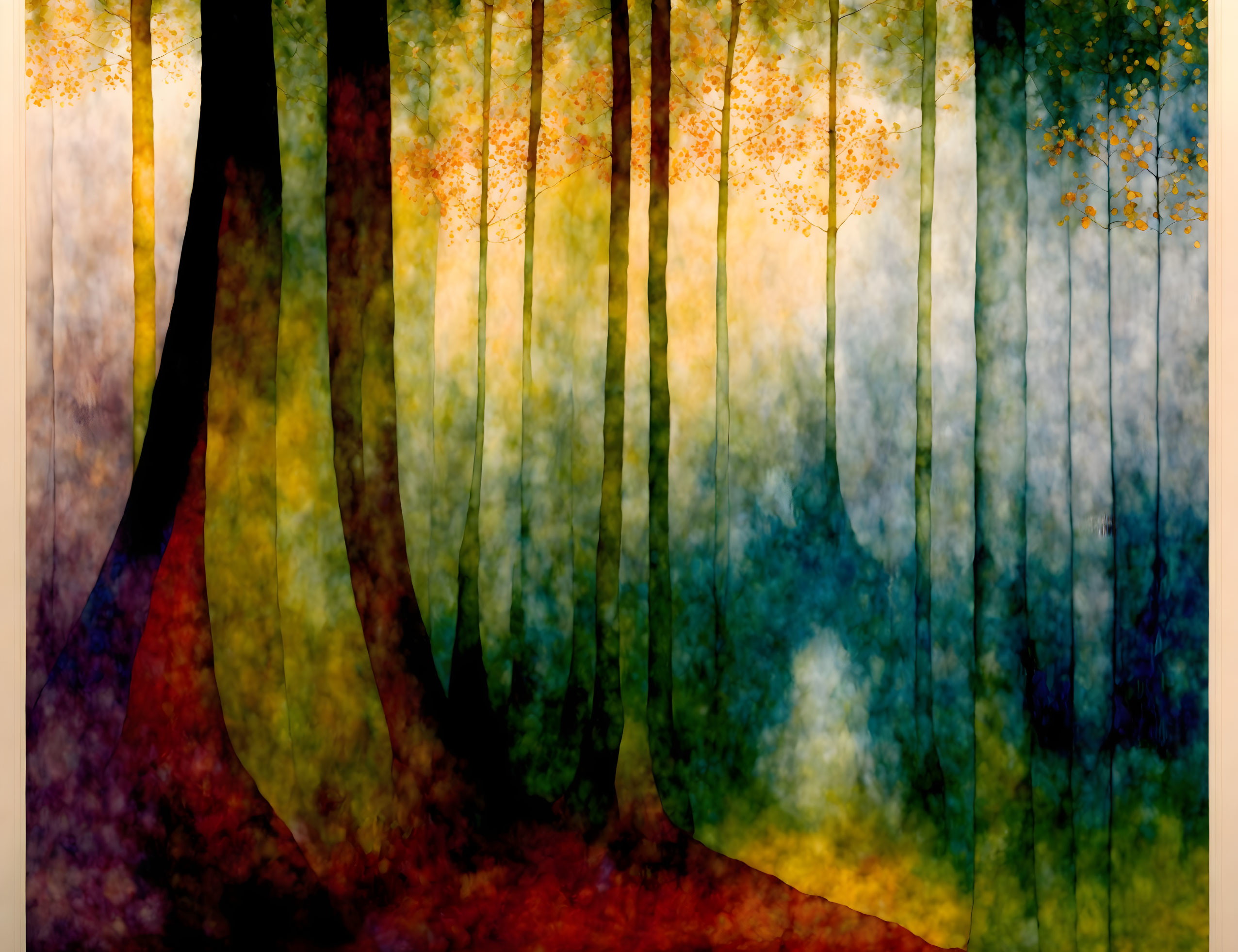 Vibrant Abstract Forest with Stylized Trees and Dappled Light