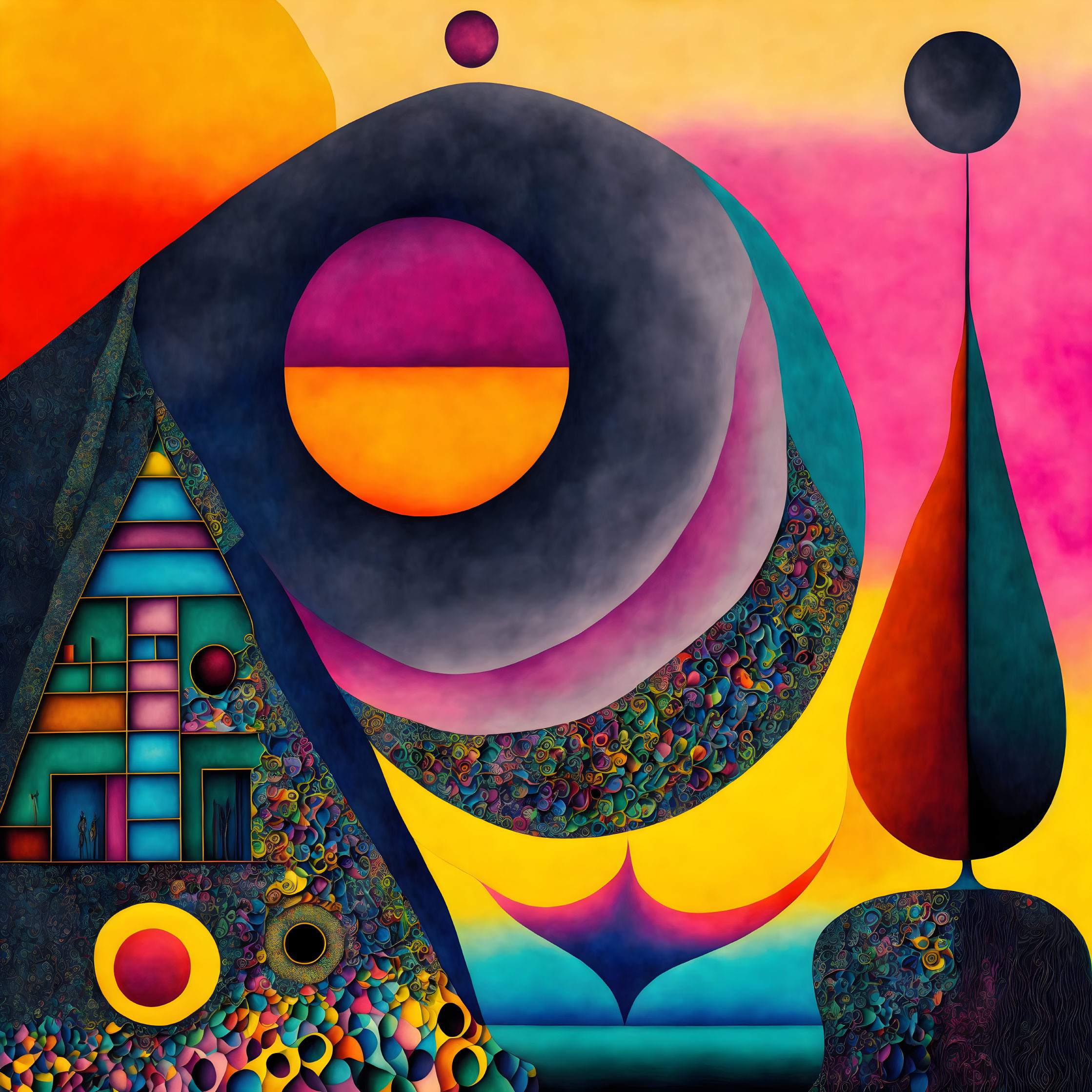 Vibrant Abstract Art: Geometric Shapes and Spirals with Dreamlike Hues