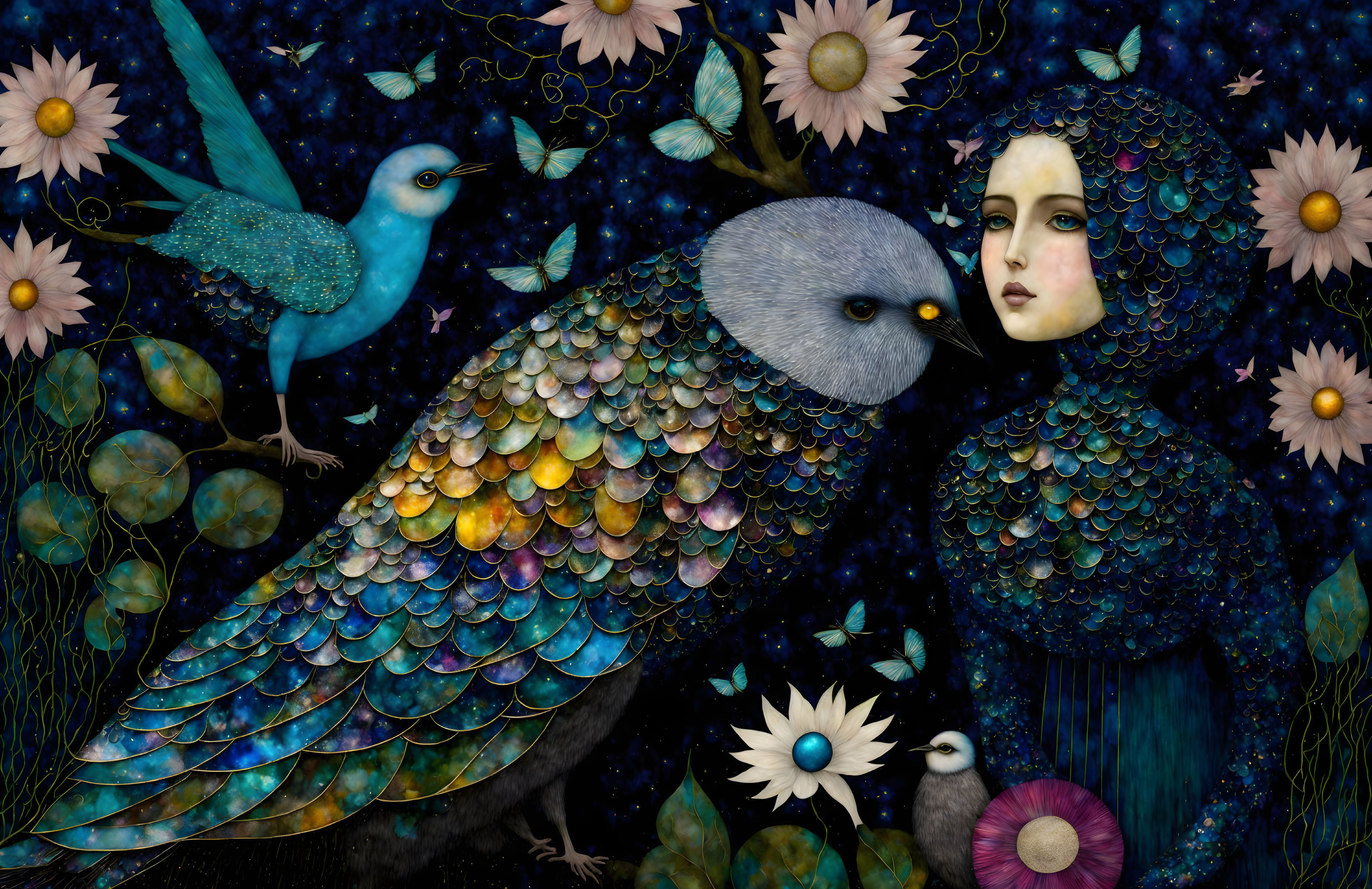 Colorful mosaic artwork of woman with owl body in starry night setting