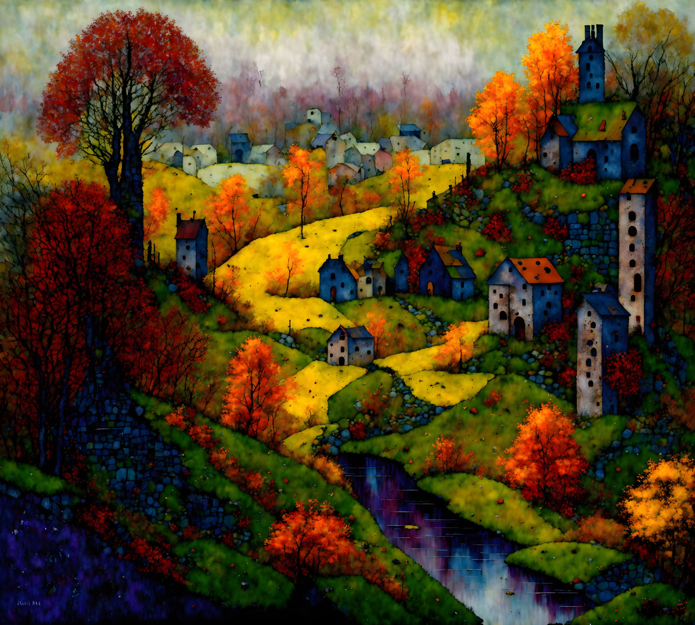 Colorful Autumn Landscape with River and Buildings