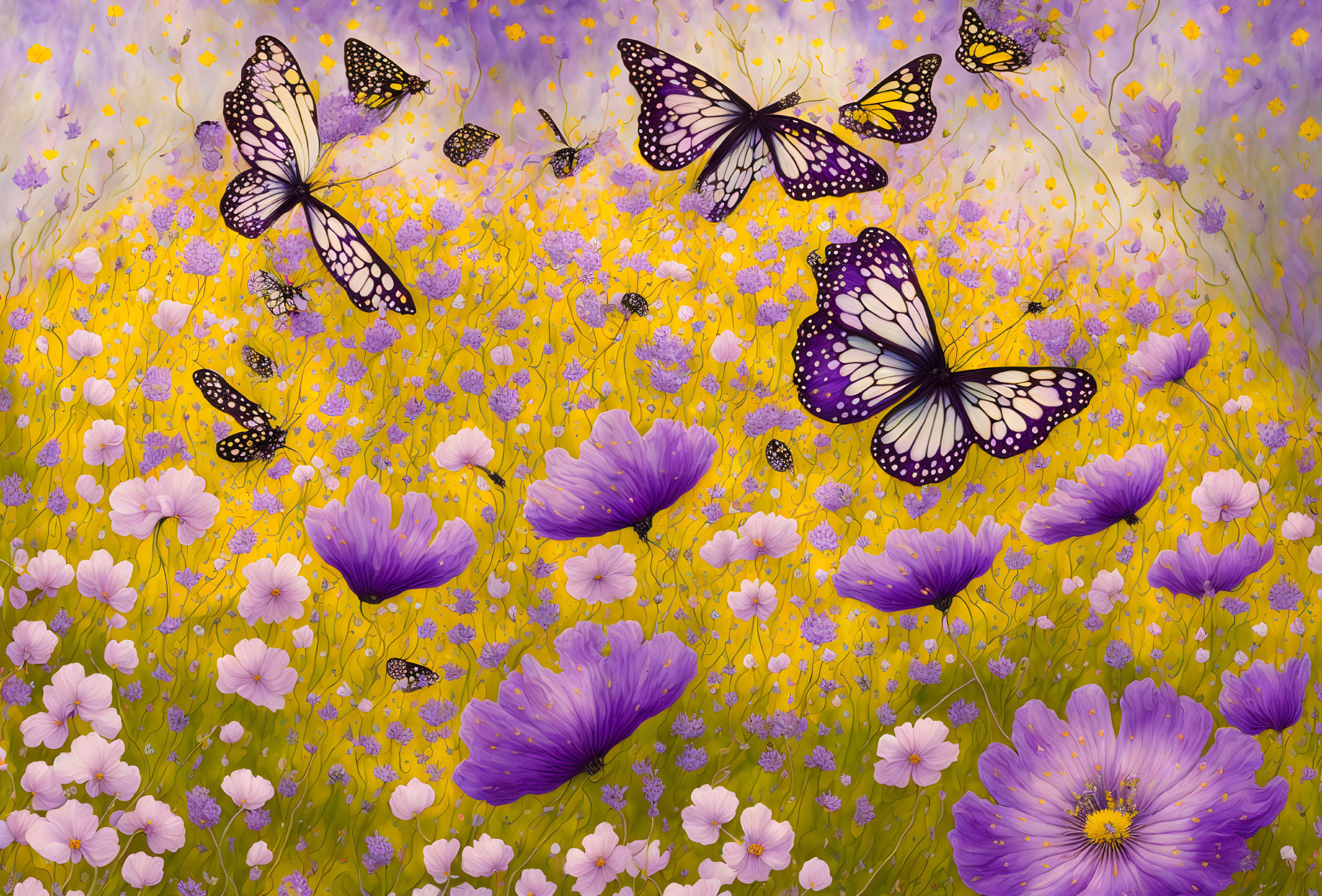 Colorful field of purple and pink flowers with monarch butterflies above
