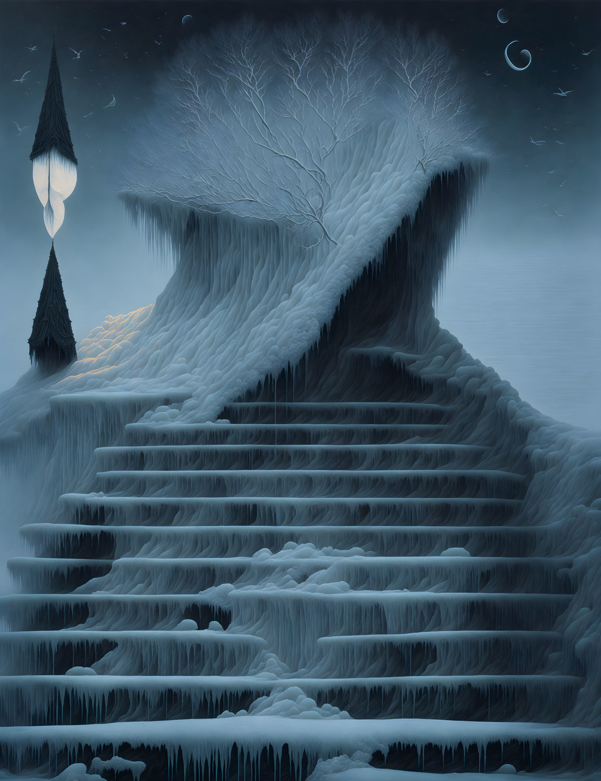 Nighttime ice-covered landscape with barren tree, mountain staircase, floating lantern, crescent moon