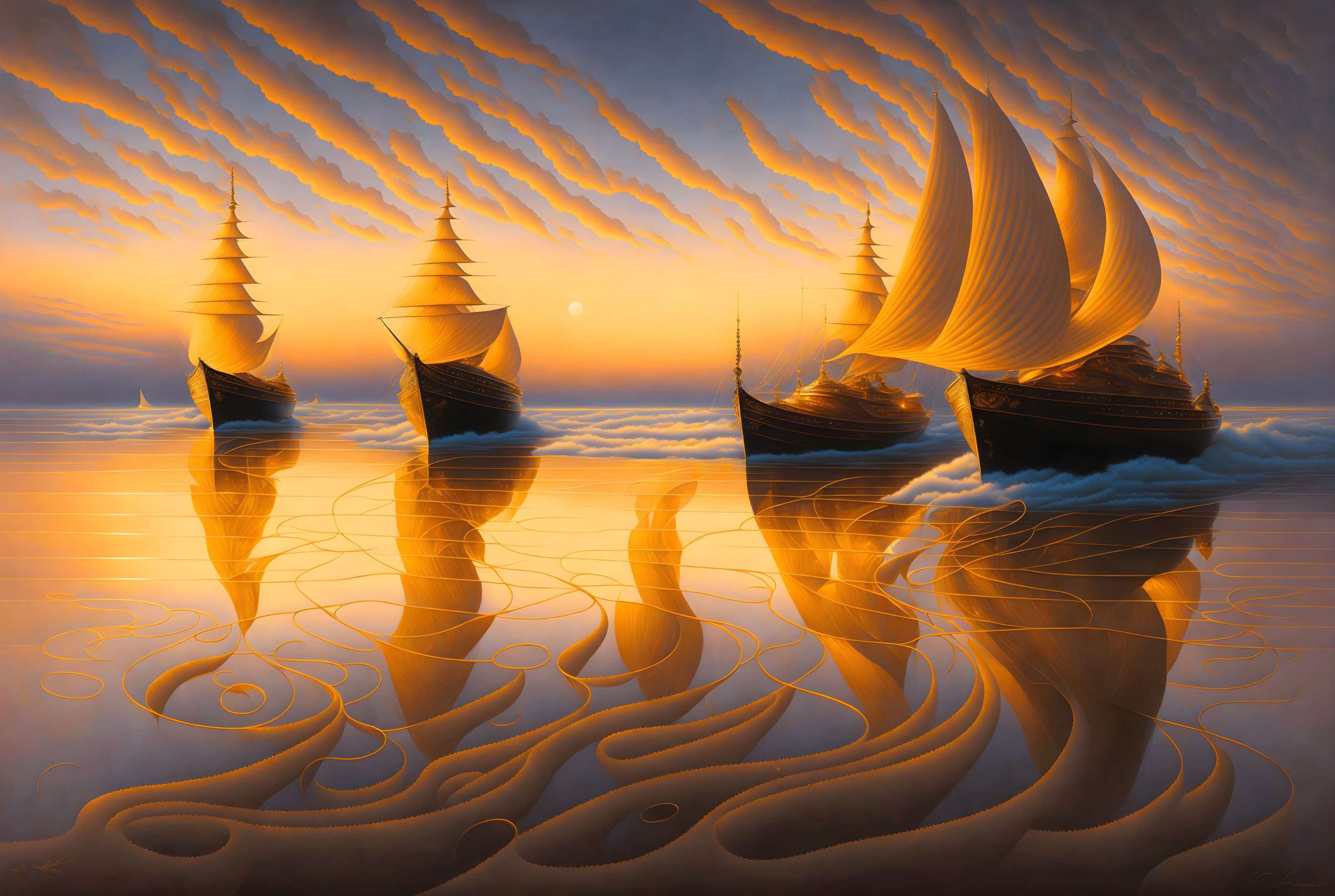 Vintage sailboats with ornate designs on calm waters at sunset.