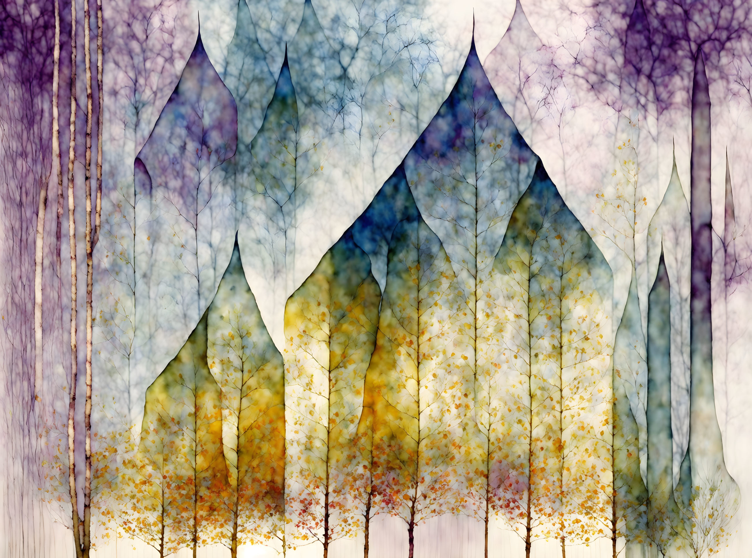 Vibrant abstract forest scene with translucent, colorful trees