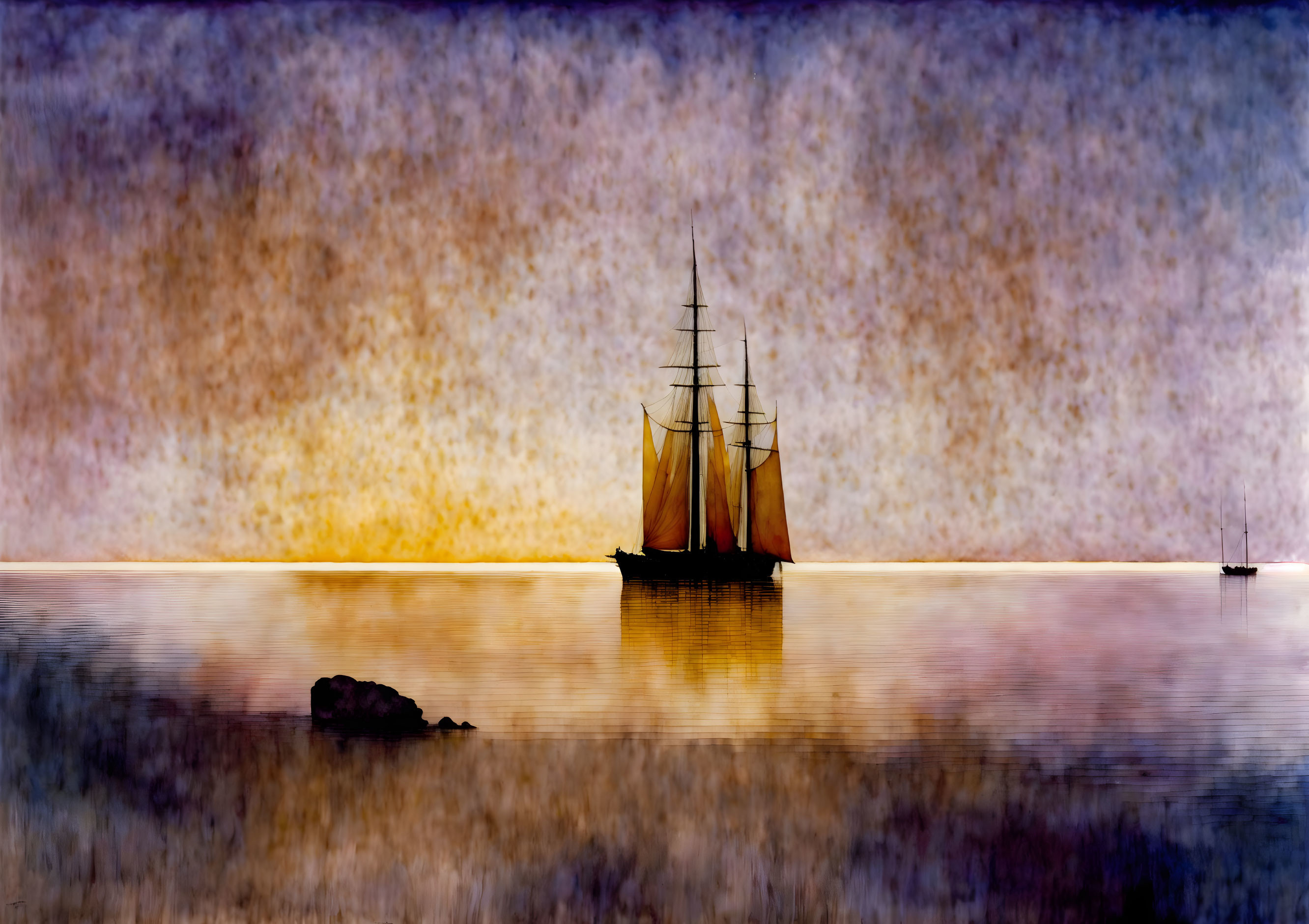 Sailing ship on still water at twilight with orange to purple gradient