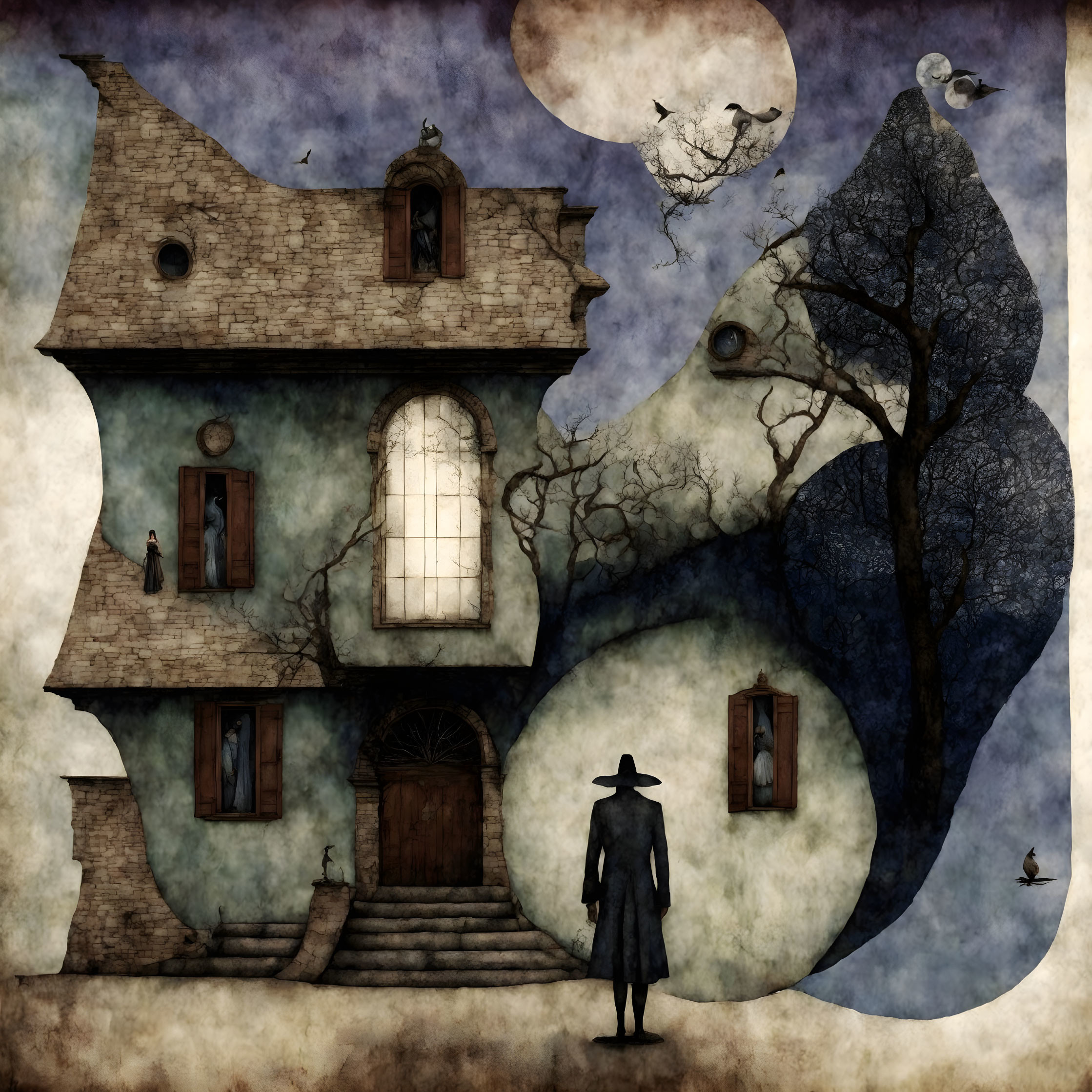 Surreal illustration of figure in hat by twisted house