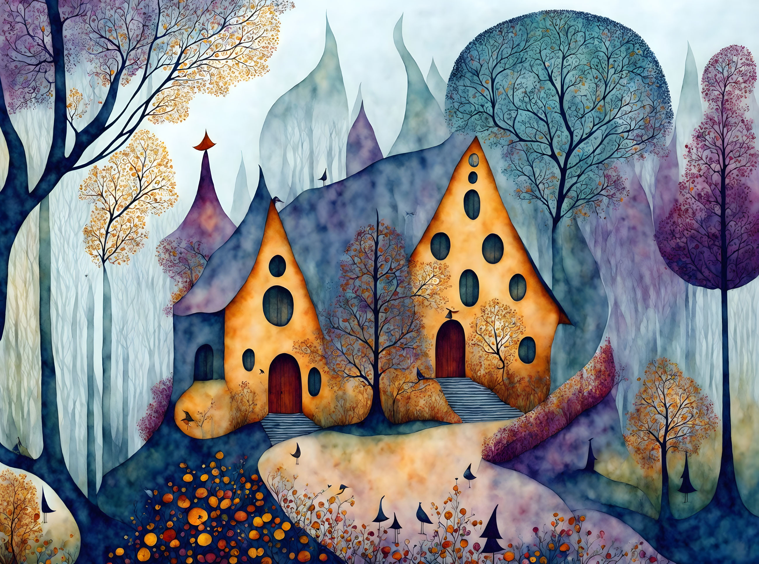 Fairy tale landscape with orange-leafed trees and enchanted houses