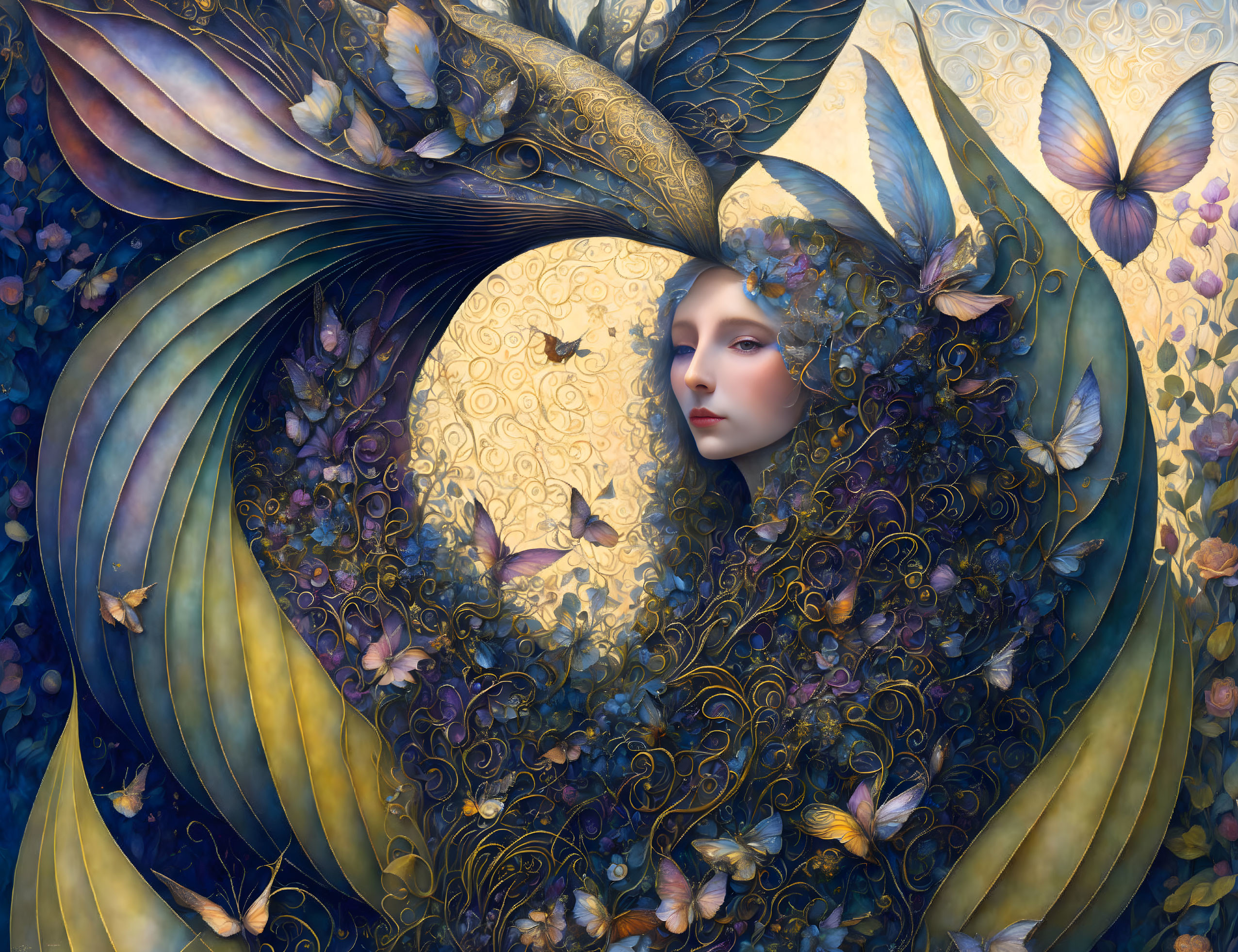 Surreal portrait: Woman's face merges with feathers and butterfly wings in blue, gold, brown