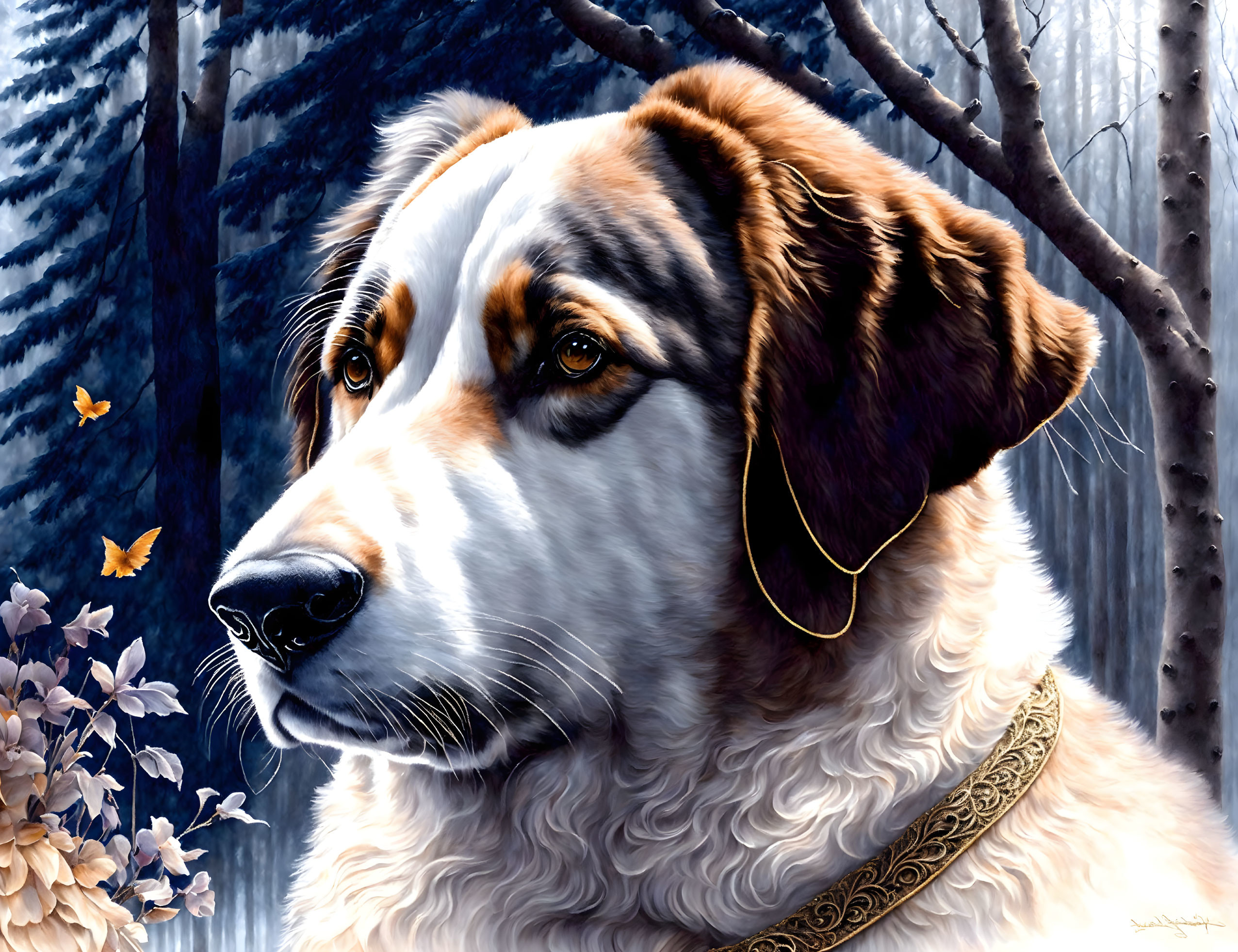 Realistic painting of large dog with tri-colored coat in forest setting