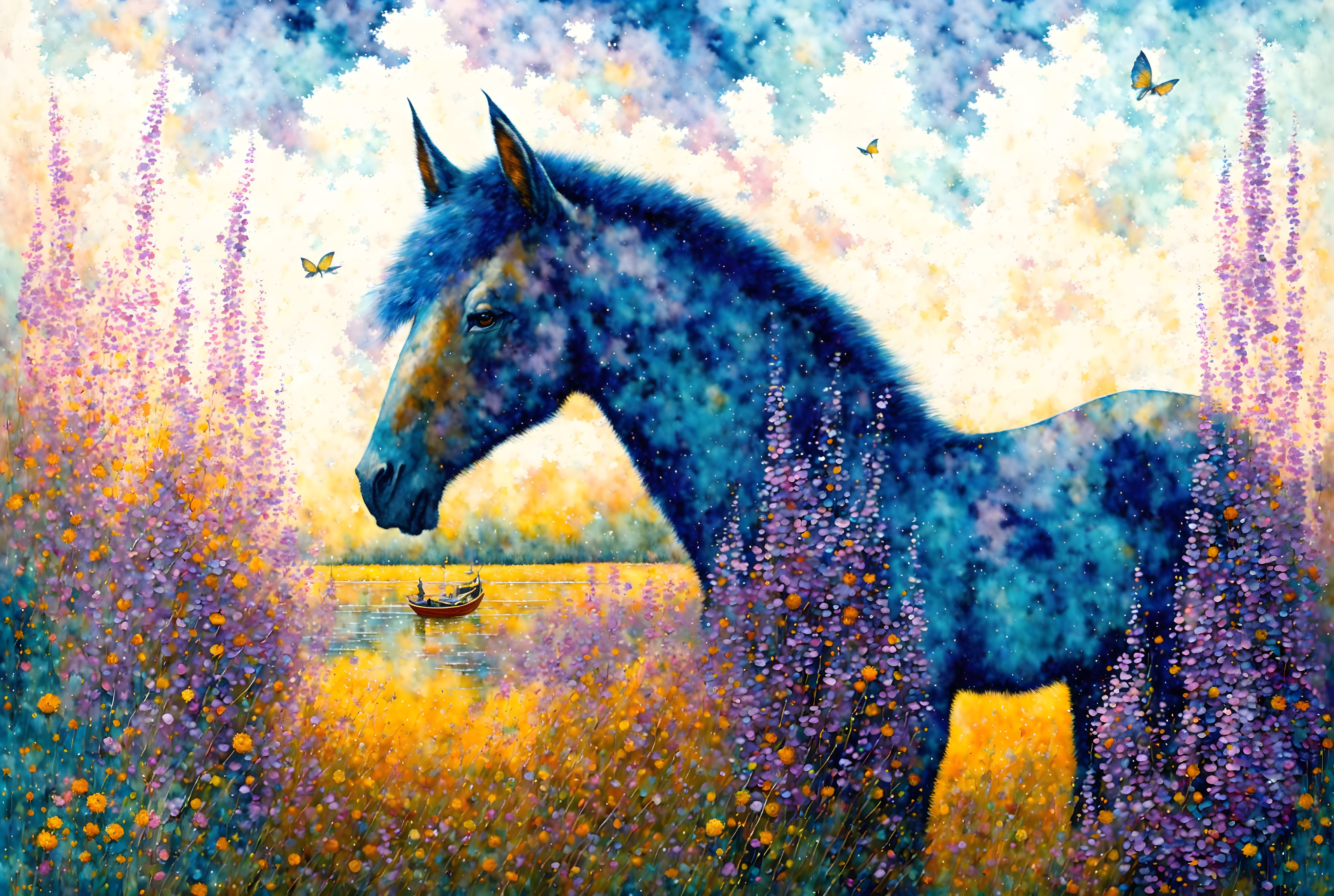 Colorful Painting of Blue Horse in Flower Field by Lake