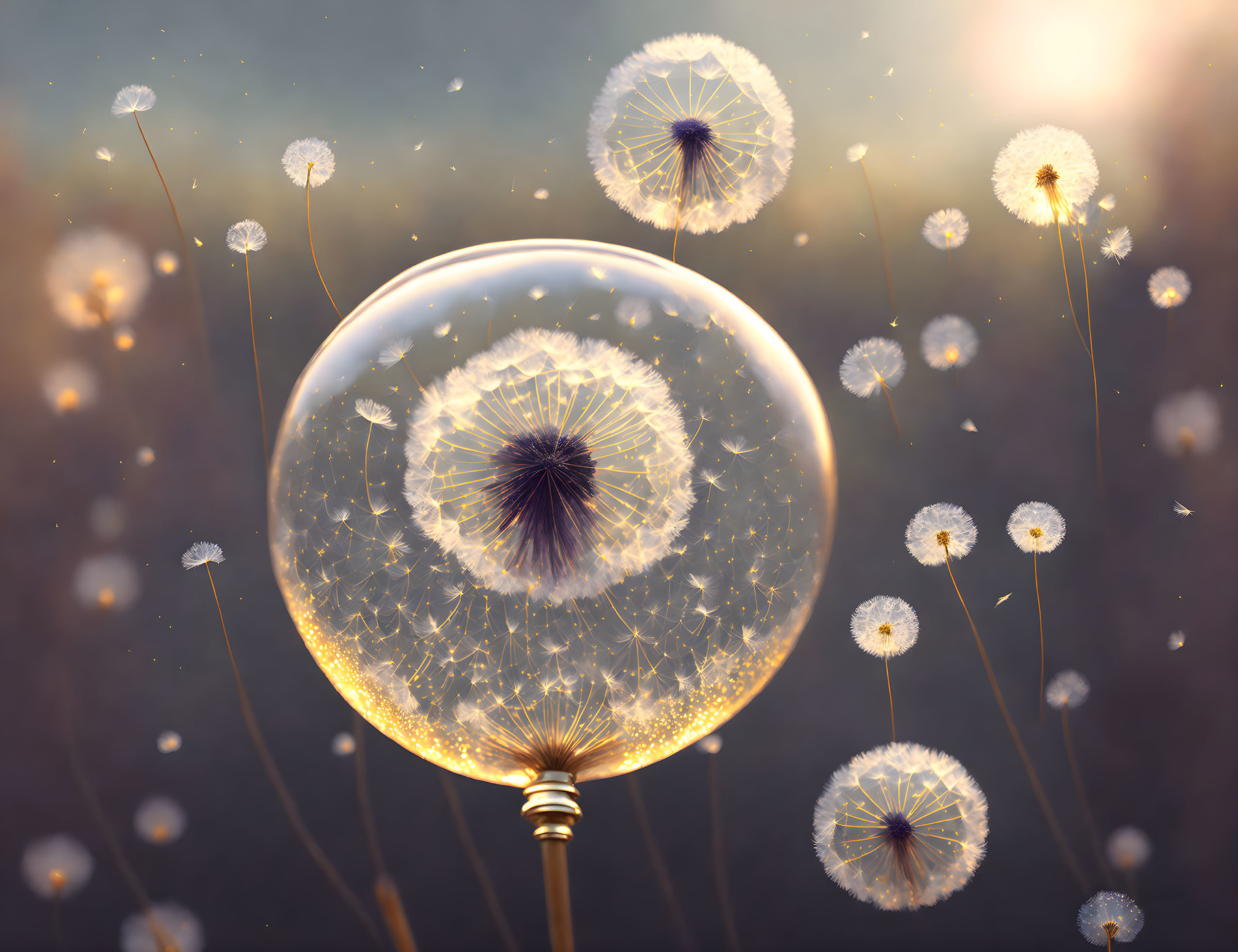 Transparent dandelion seeds around glowing light bulb on bokeh background