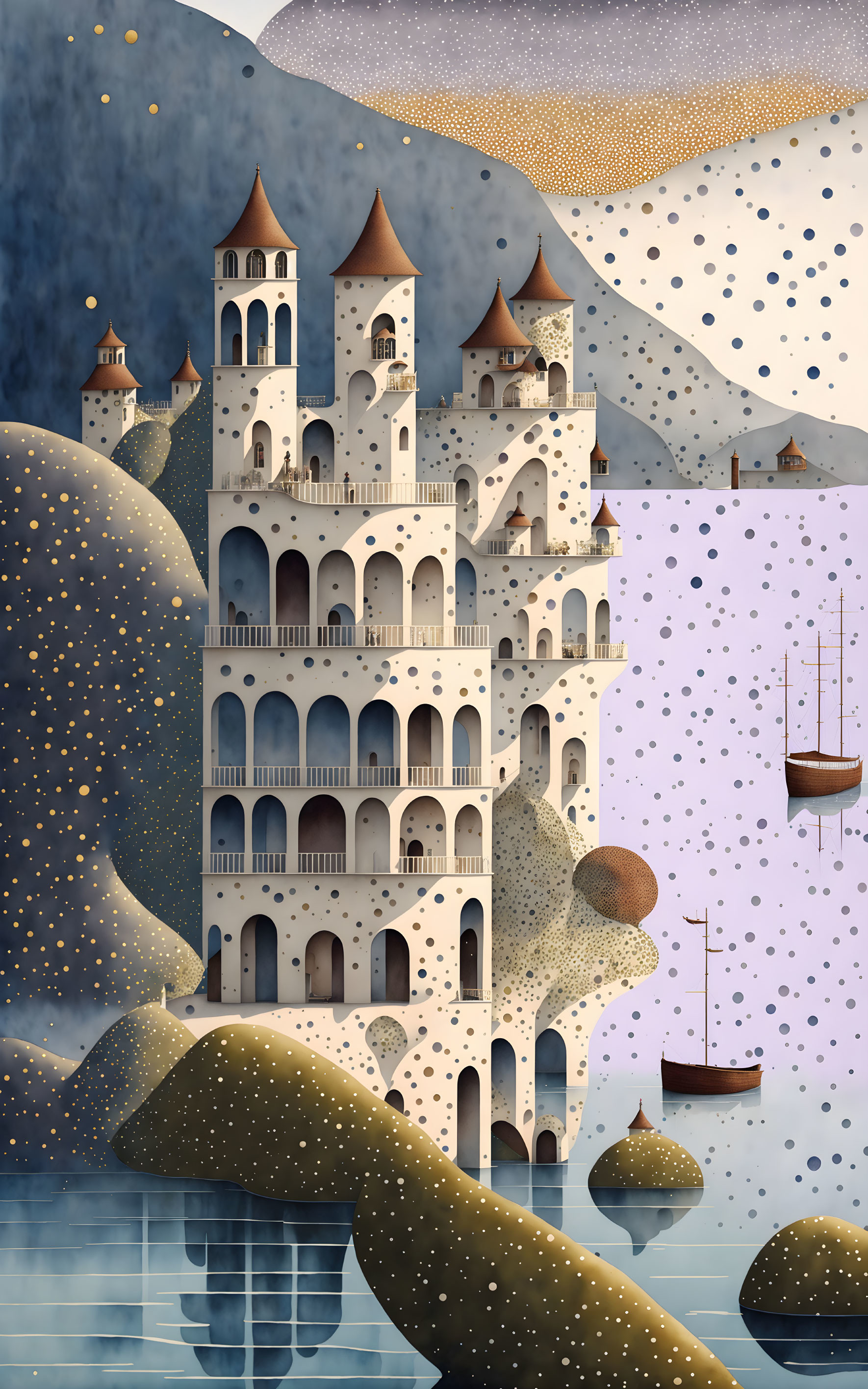 Fantasy castle with turrets and ships on tranquil sea