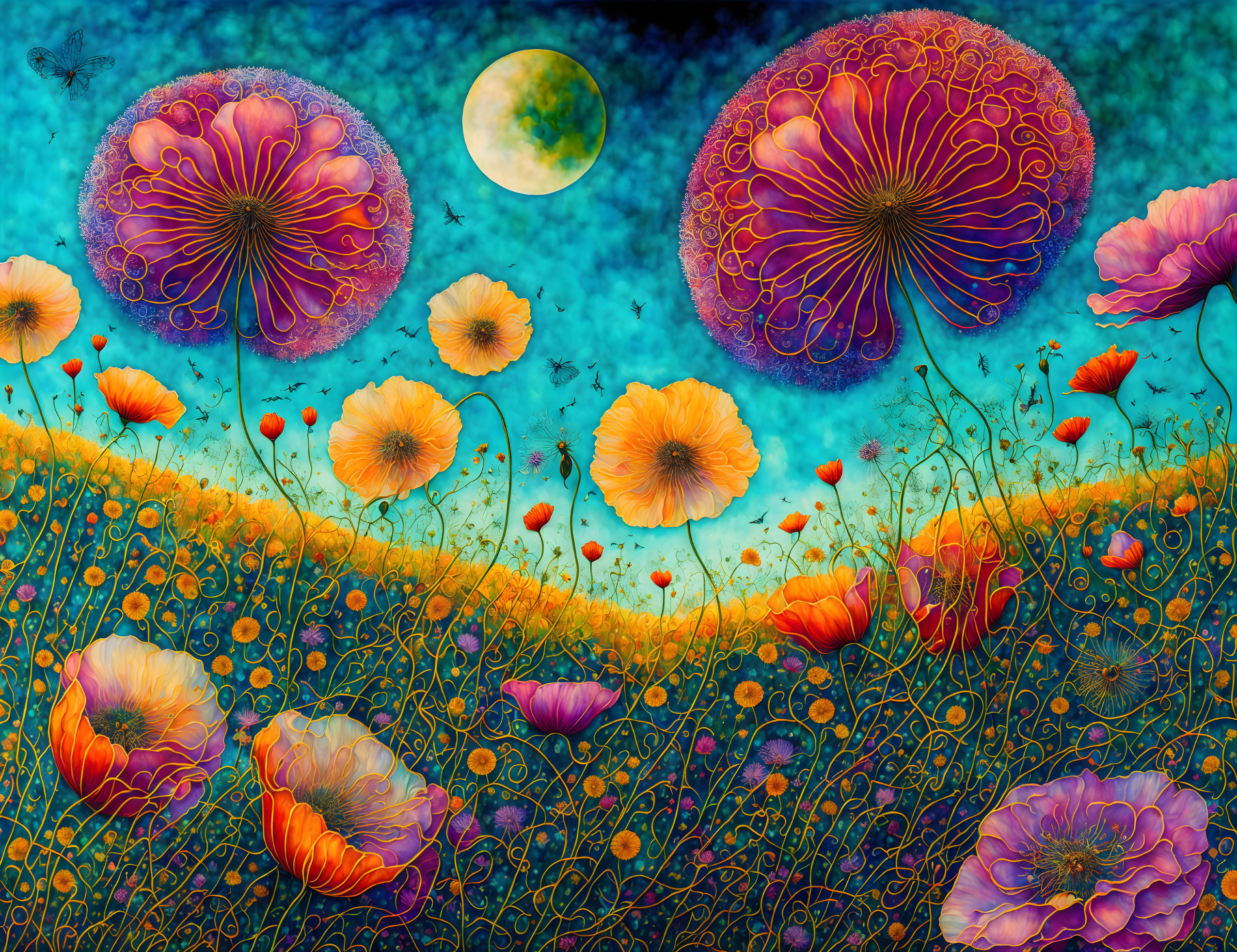 Colorful Meadow with Poppy Flowers and Jellyfish-Like Blooms Under Starry Sky