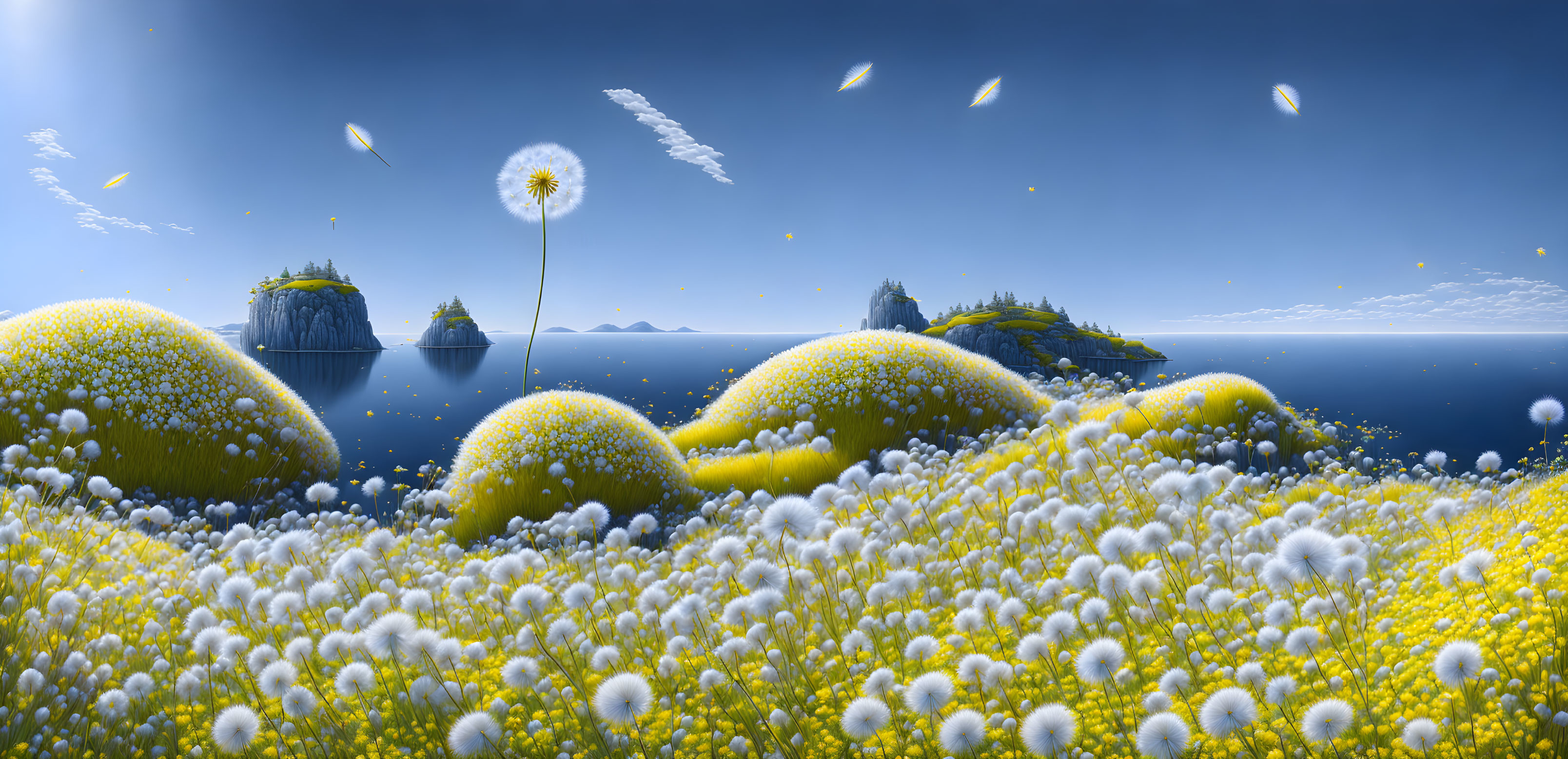 Tranquil panoramic landscape with fluffy dandelions and rolling hills