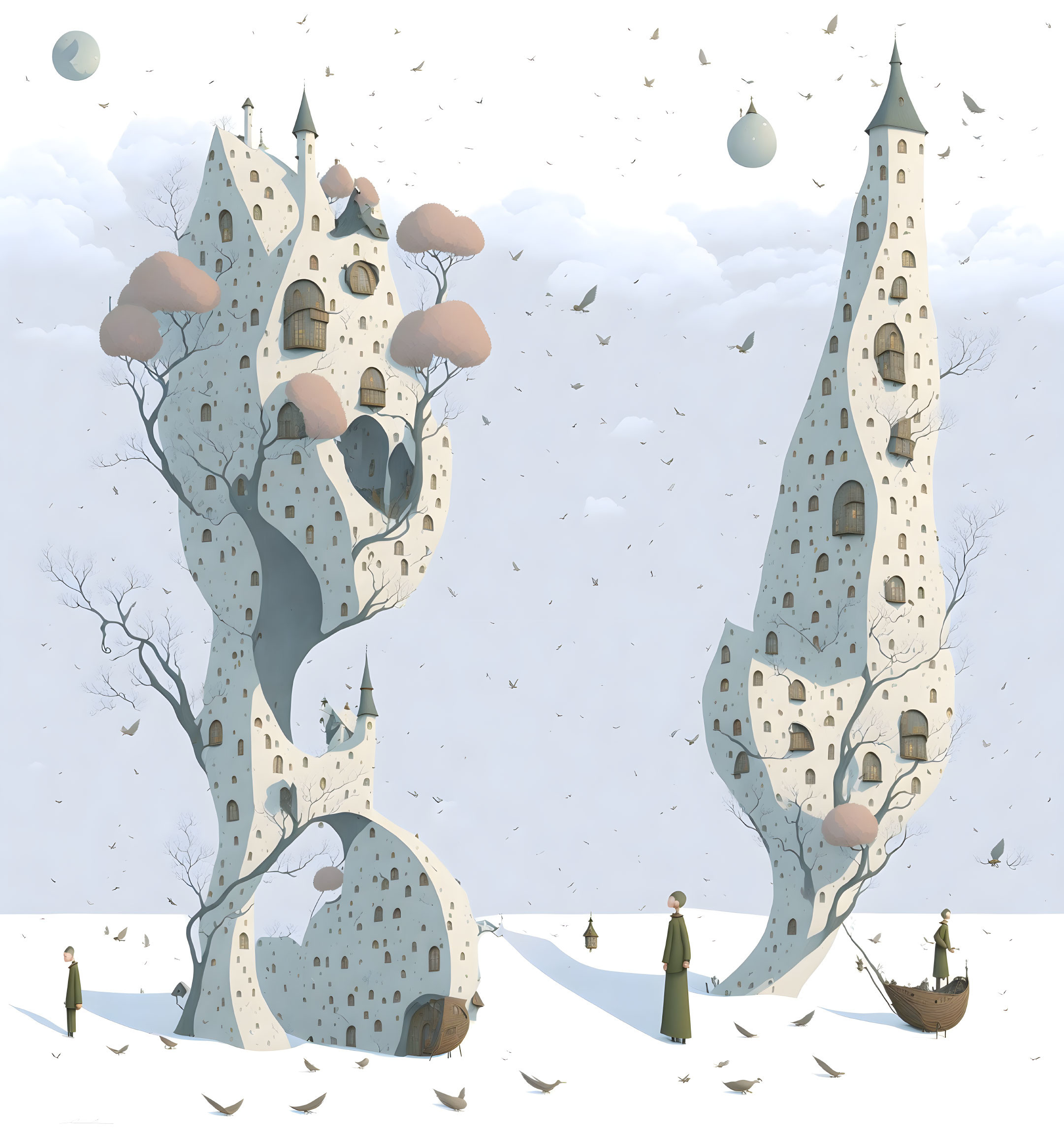 Surreal artwork of castle-like structures on trees under a cloudy sky