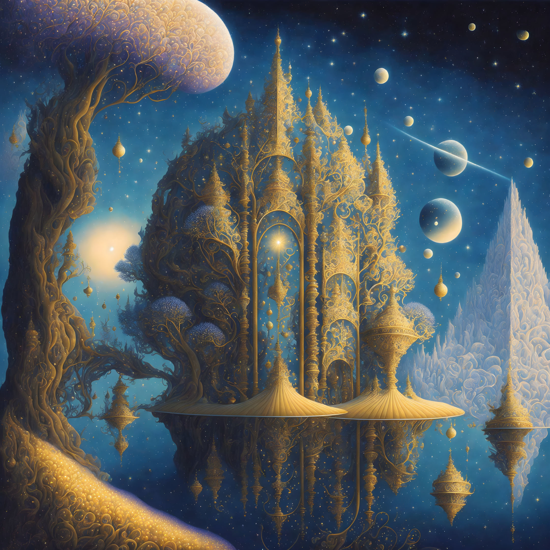 Fantastical golden tree and glowing towers in a nocturnal scene