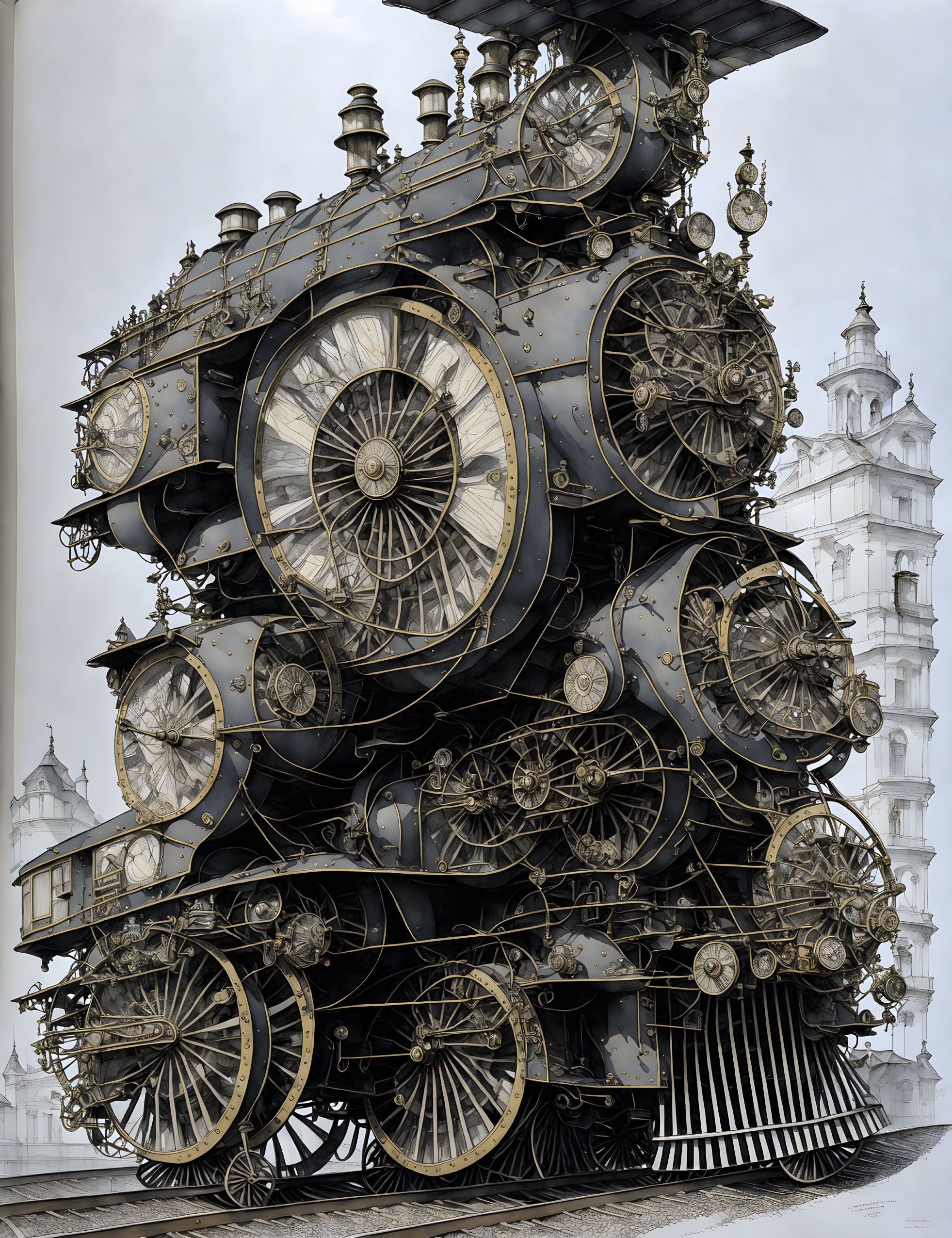 Detailed Steampunk Bronze Locomotive with Gears and Clocks