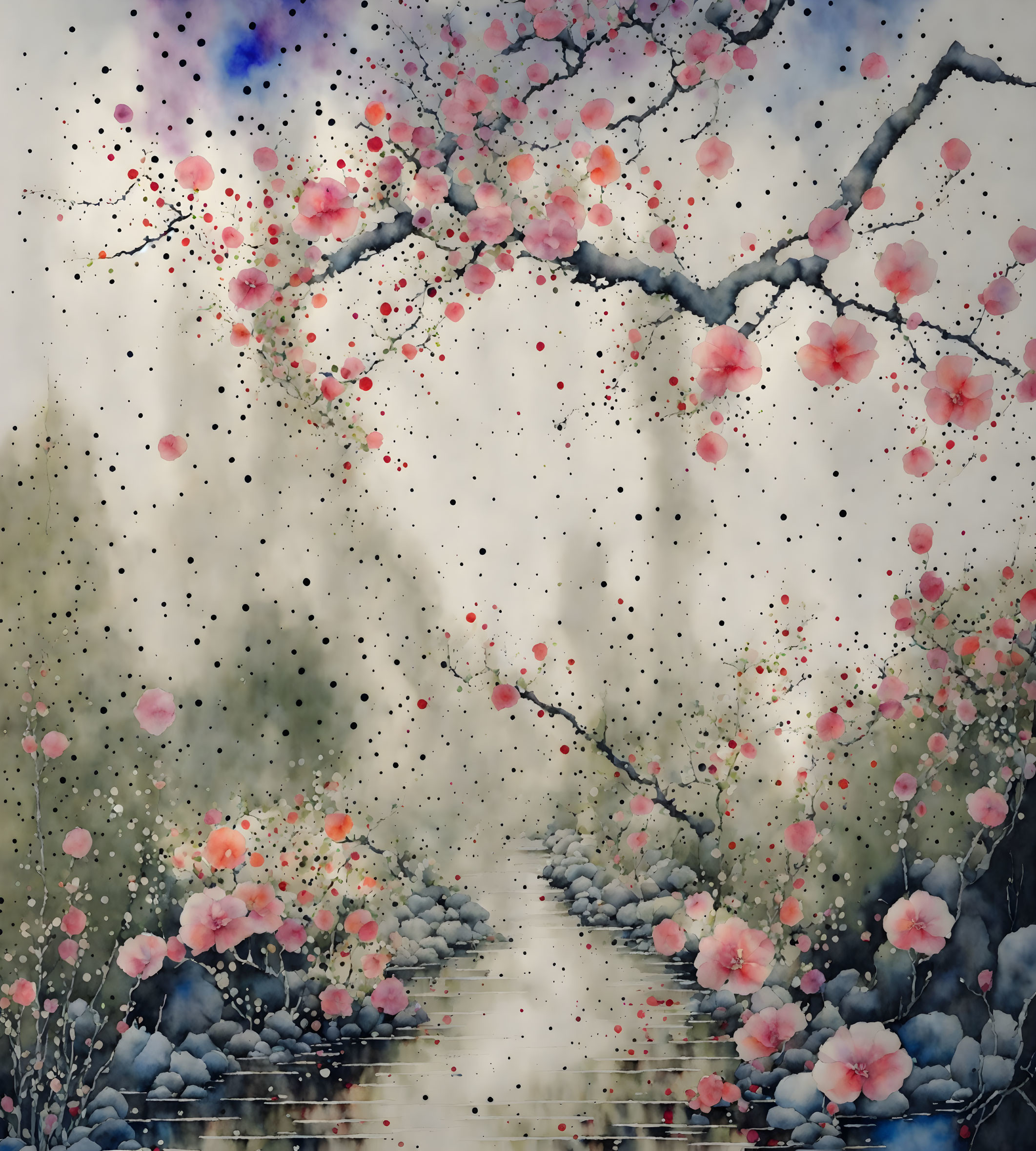 Serene river scene with cherry blossoms and rocks under gray sky