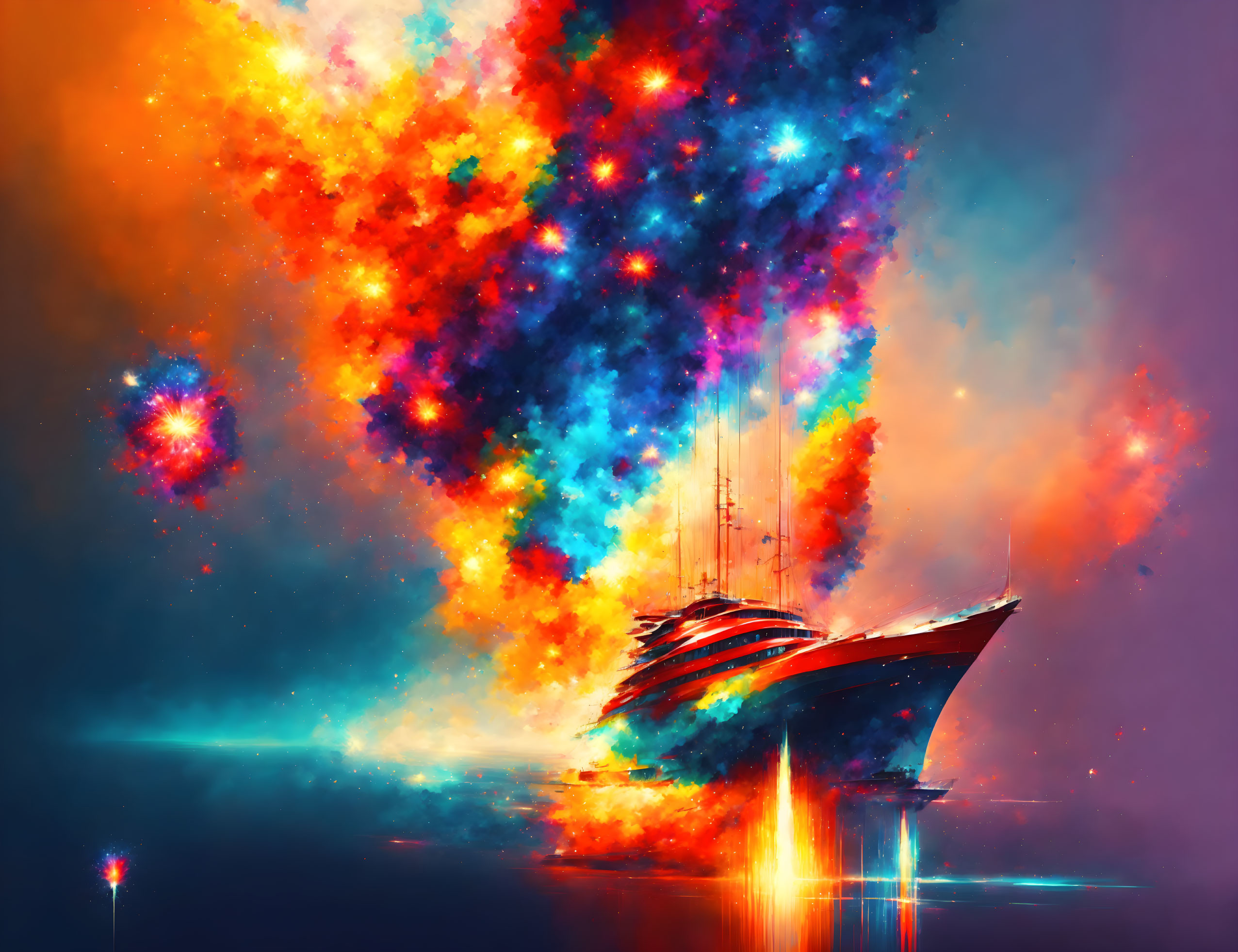 Colorful digital artwork: Ship sailing amid cosmic stars and nebulas.