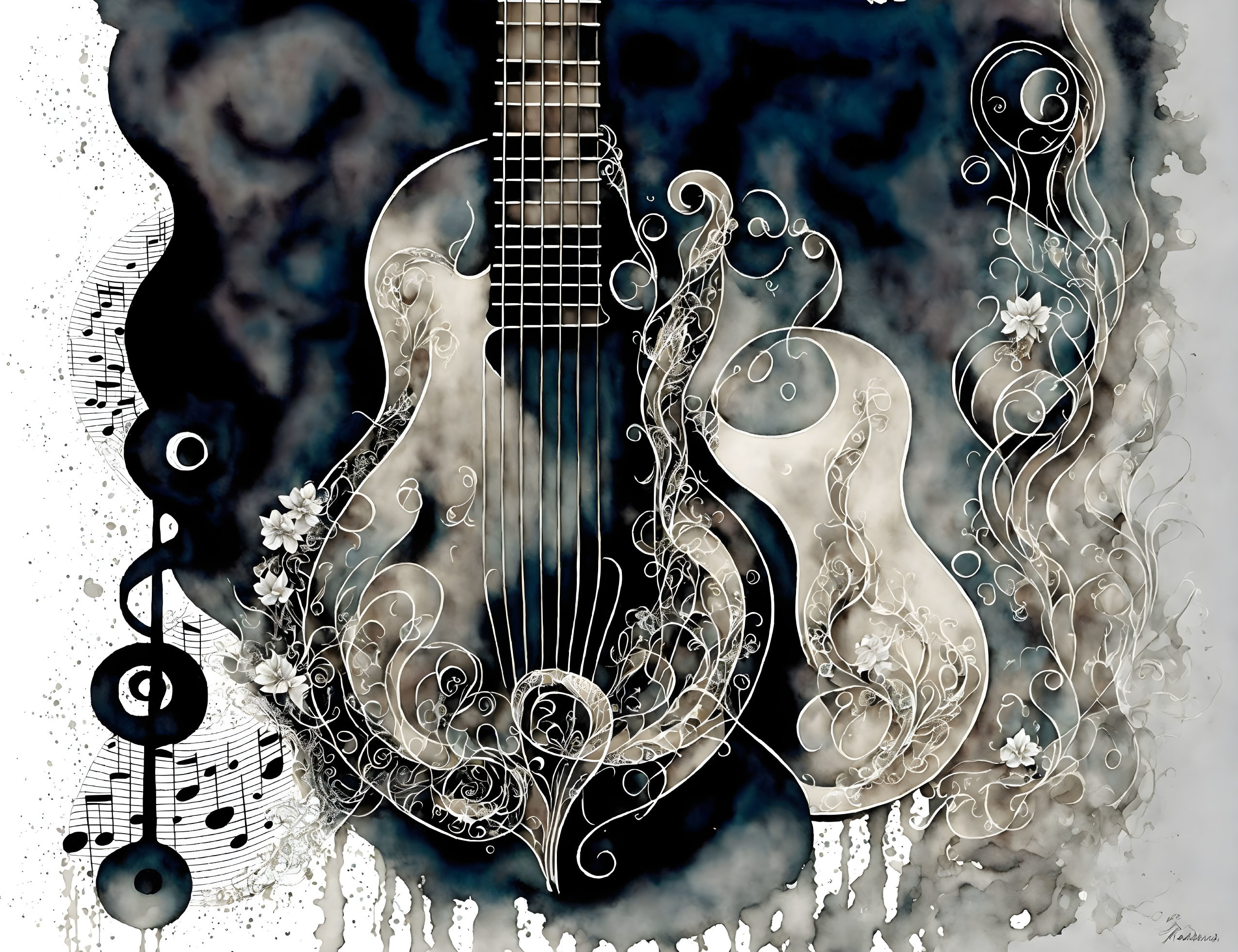 Floral-patterned guitar with musical notes on abstract background