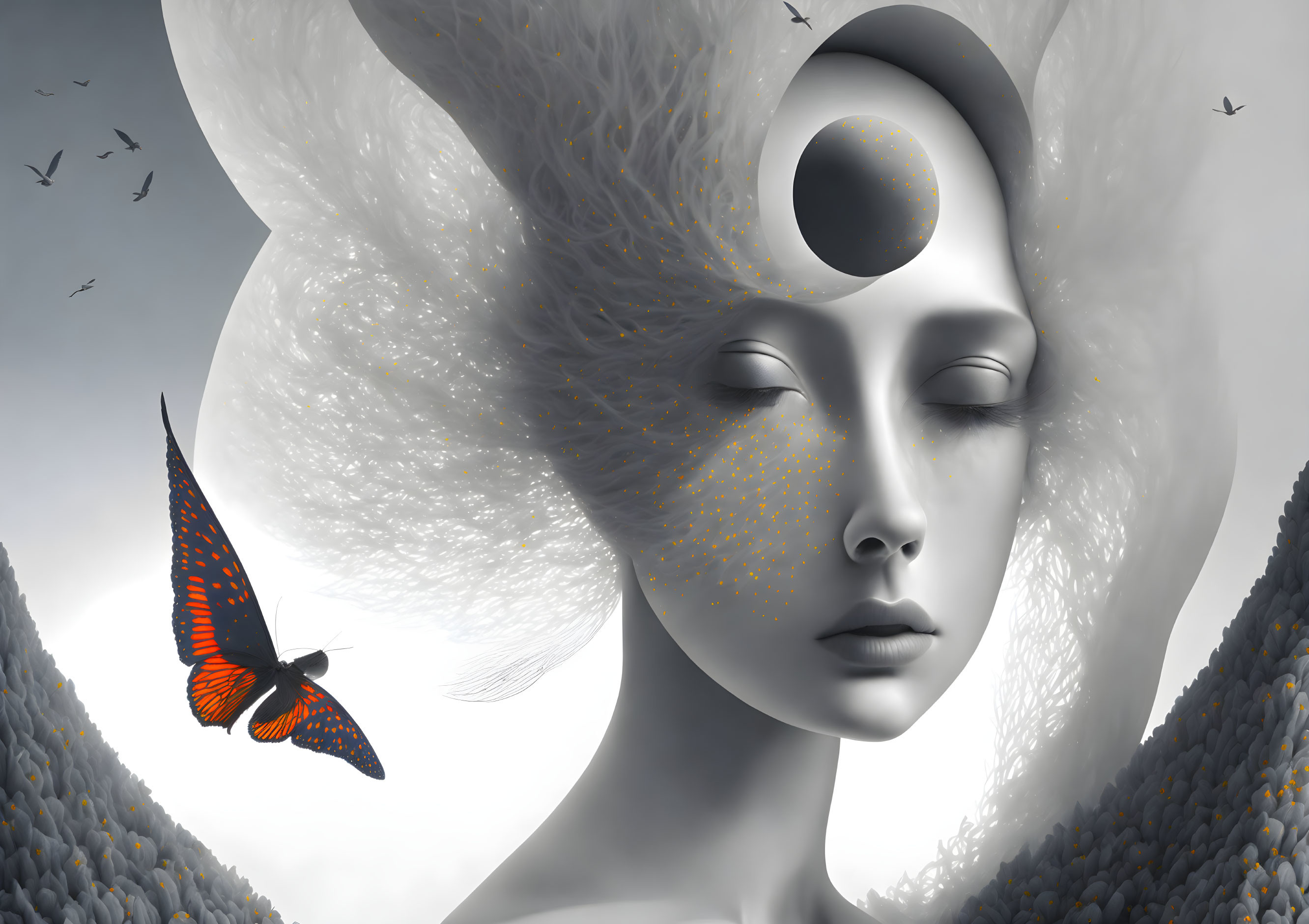 Monochromatic surreal artwork with woman, sun, moon, butterflies, and birds