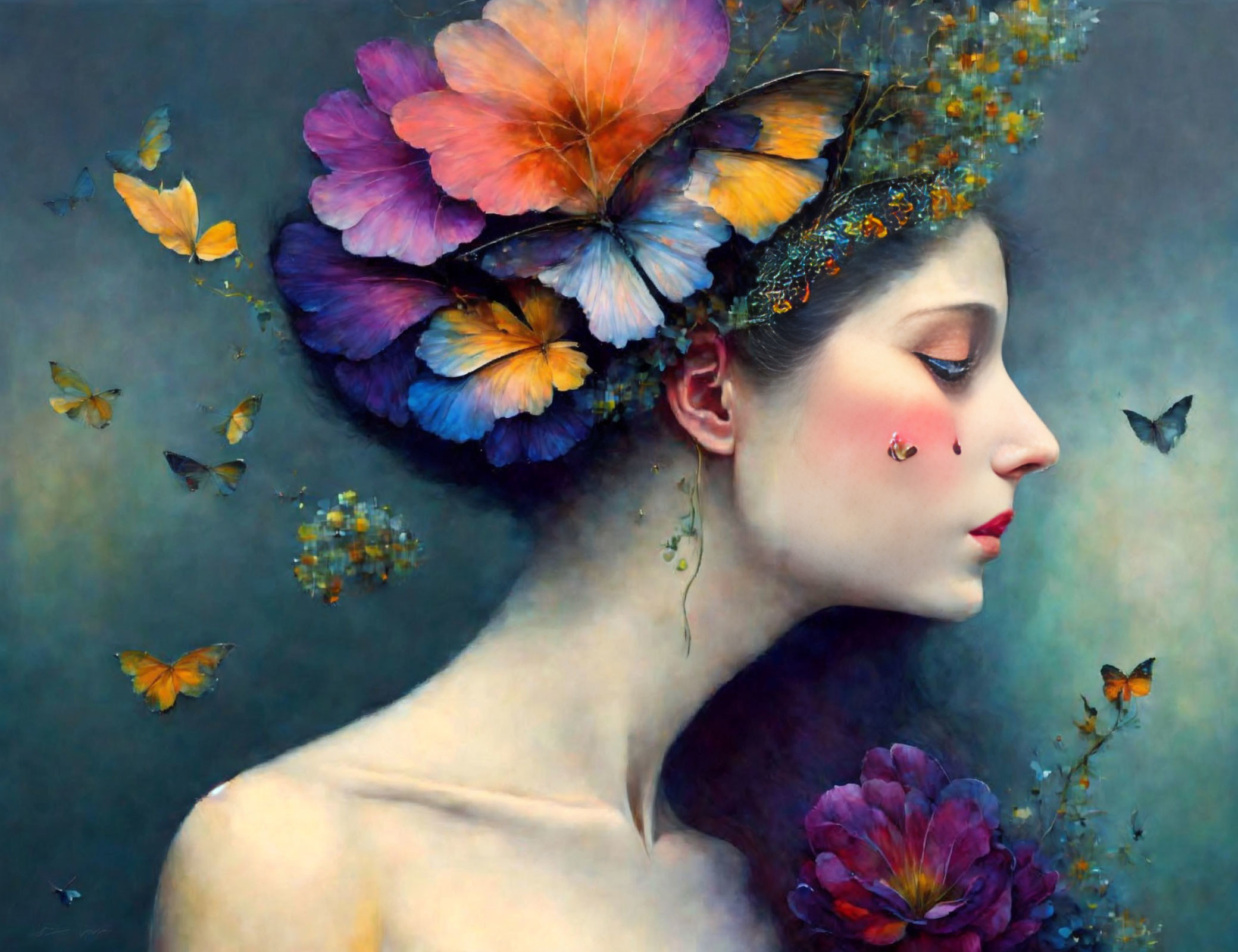 Woman with Colorful Butterfly Headdress and Fluttering Butterflies