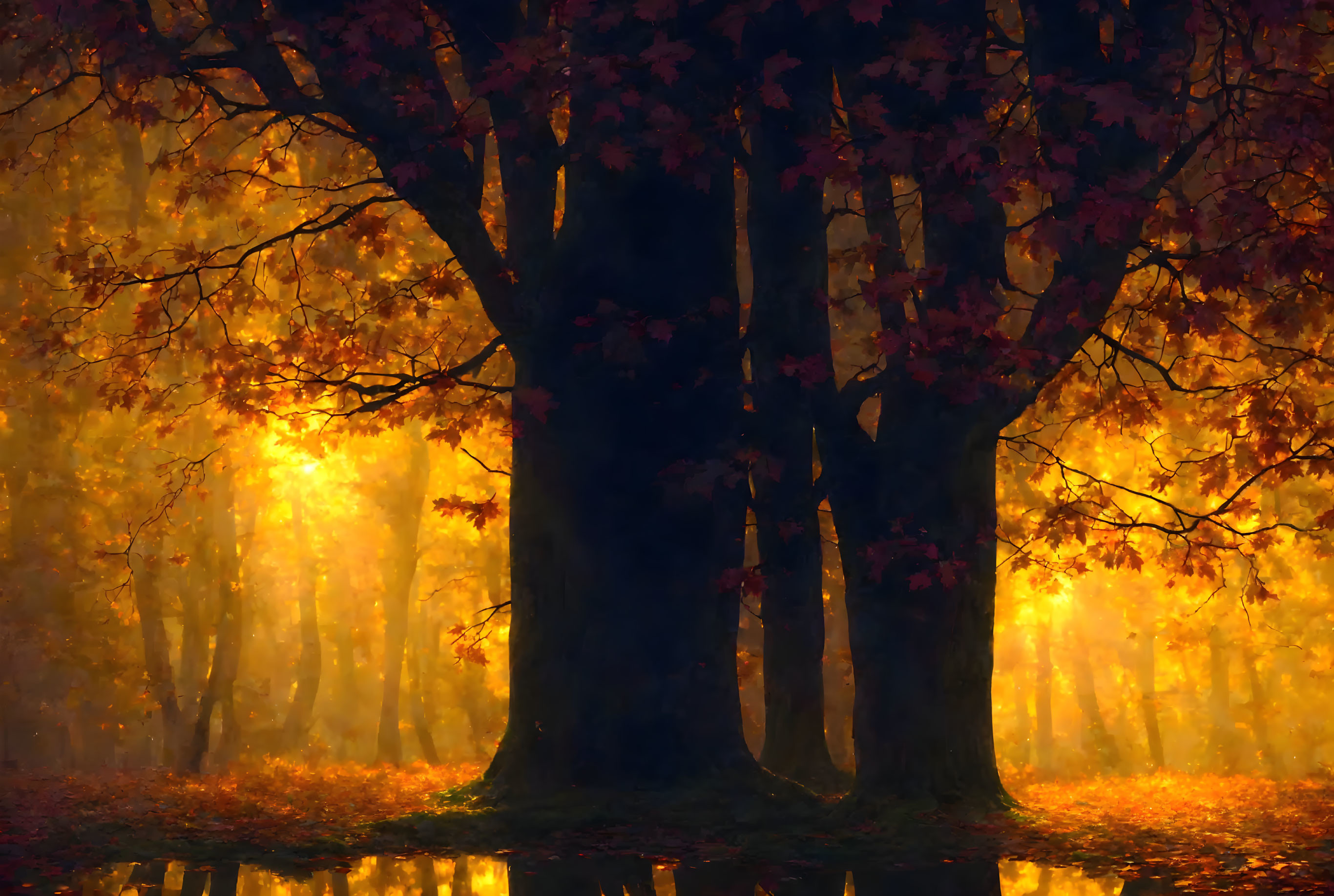 Golden Autumn Forest Scene with Water Reflection and Soft Glow