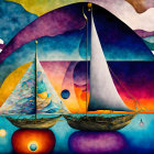 Colorful digital artwork: sailboats on water with abstract sunset background