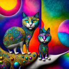 Colorful Stylized Cats with Psychedelic Background and Celestial Orbs