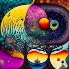 Colorful Abstract Painting: Whimsical Trees & Celestial Bodies