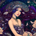 Red-haired woman with hat, fish, flowers in mystical setting