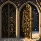 Ornate gold and bronze double door with night sky and floating lantern-like spheres