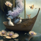 Decorative wooden boat with three ducks, flowers, smoke, water lilies, and butterfly.