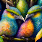 Colorful Fantasy Birds Cuddled in Lush Greenery