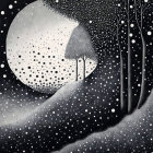 Surreal landscape with monochrome moon, trees, and colorful orbs