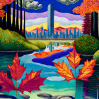 Vividly colored autumn landscape with reflective lake and city silhouette