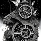 Detailed black and white illustration of clockwork structure with gears and butterflies