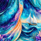 Sailboat sailing on cosmic ocean waves under starry sky