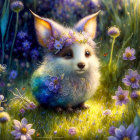 Colorful Illustration of Cute Fluffy Creature in Magical Meadow