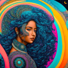 Colorful digital artwork: Woman with blue curly hair and intricate patterns on skin