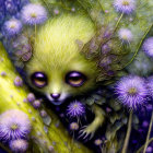 Fluffy yellow creature in purple flowers and green foliage