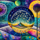 Colorful Psychedelic Artwork with Floral and Cosmic Themes